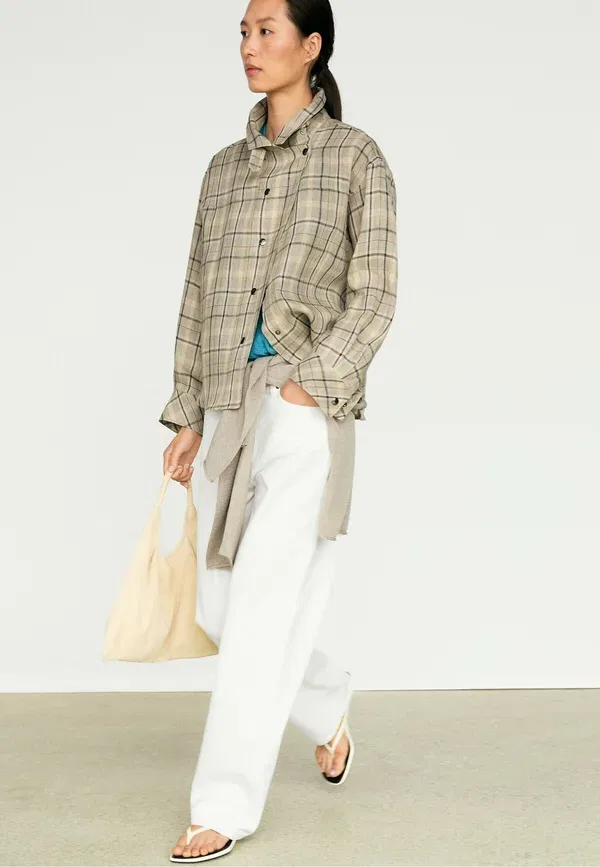 Куртка из льна с рисунком в клетку Light jacket Massimo Dutti, бежевый — фото 4