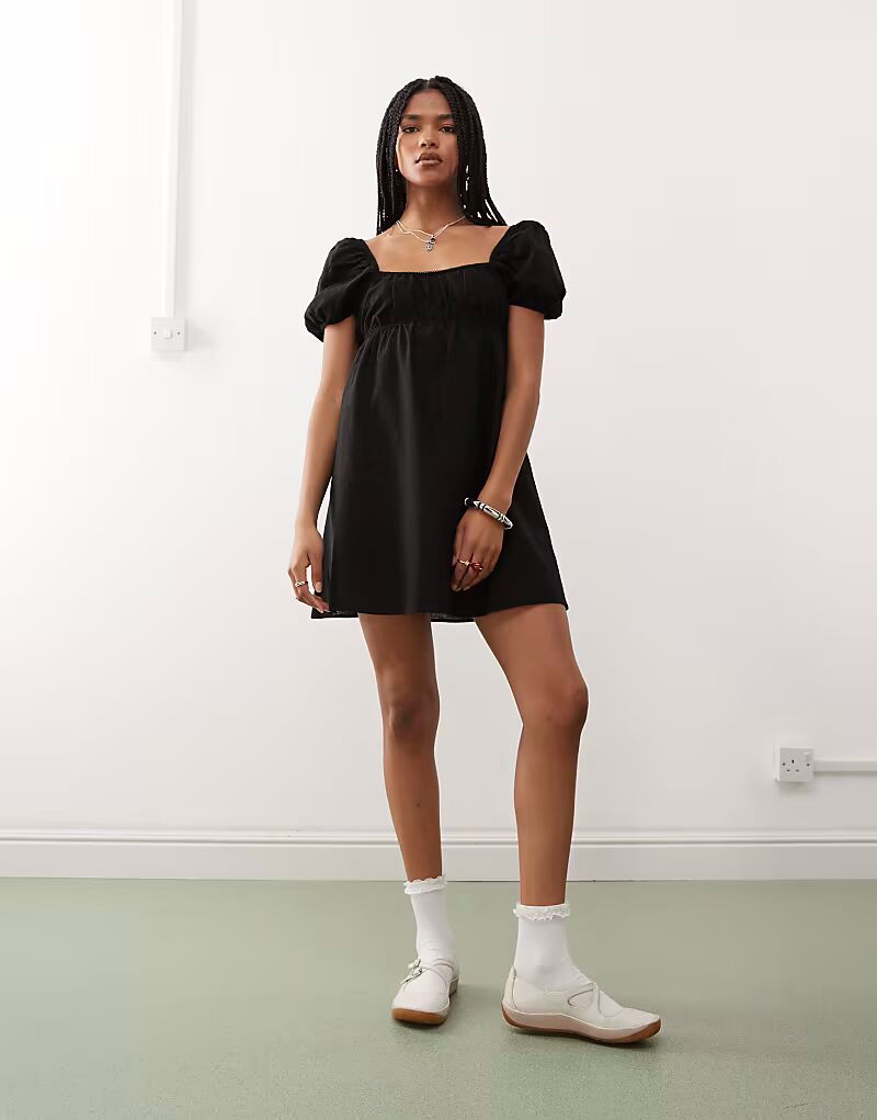 

Черное льняное мини-платье с рукавами-фонариками от Monki, эксклюзивно для ASOS