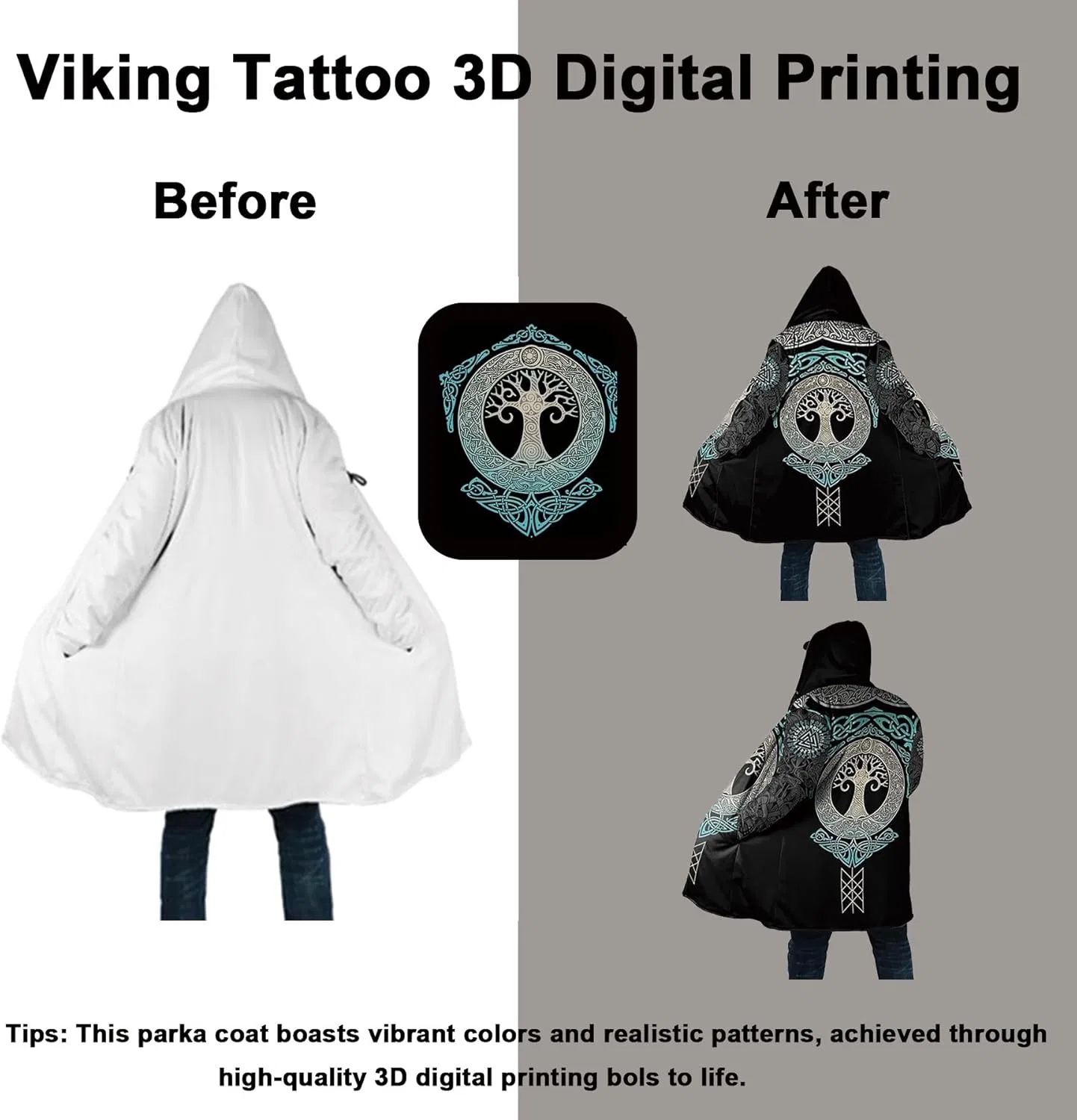 Мужская куртка World Tree 3D для активного отдыха, куртка Viking Tattoo средней длины с утеплителем из овечьей шерсти и хлопка, зимняя парка с капюшоном — фото 3