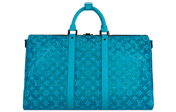 LOUIS VUITTON Кожаная дорожная сумка Keepall Triangle Monogram Mesh 50 цвета бирюзовый — фото 2