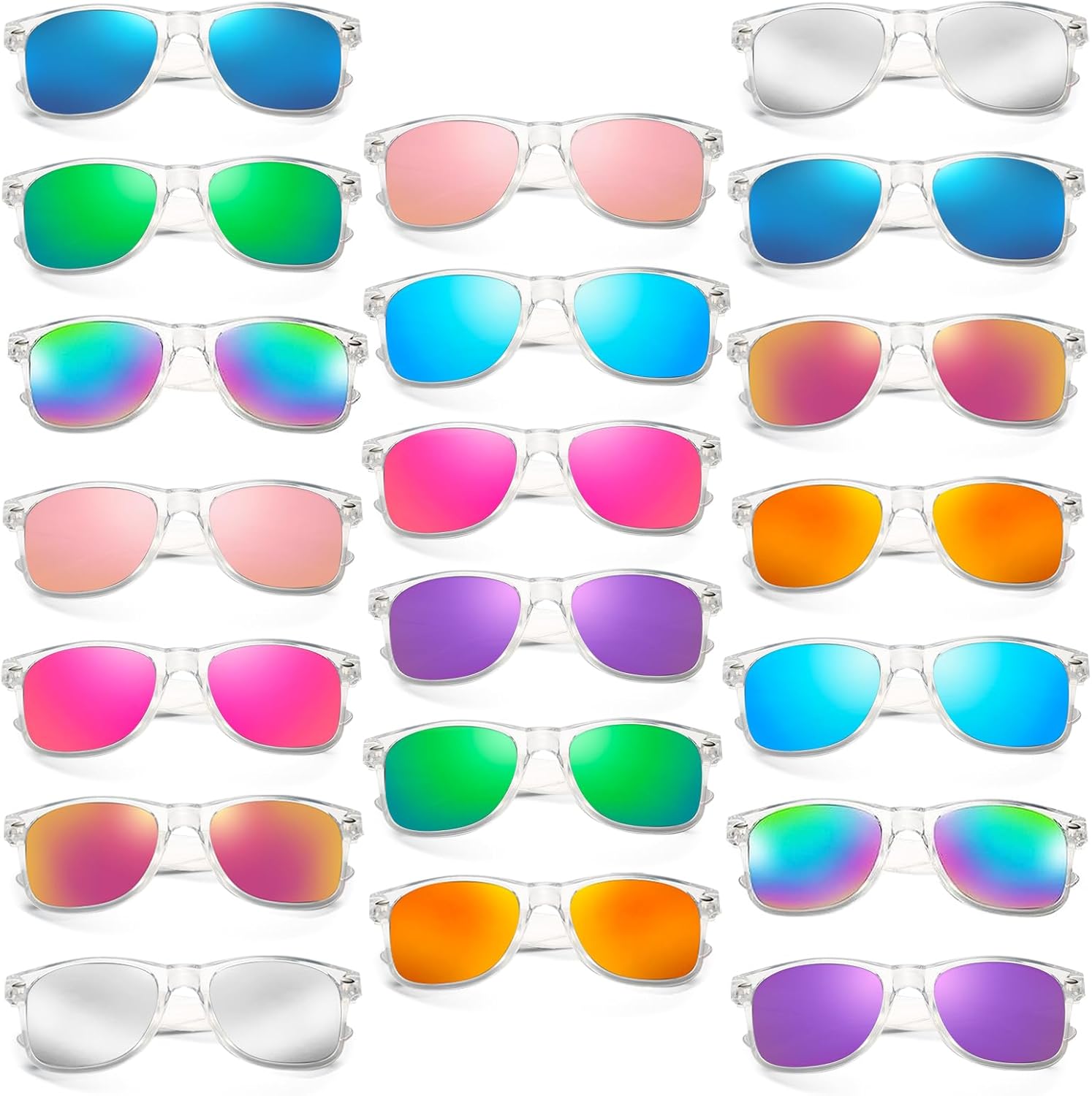 

Pibupibu, оптовая продажа неоновых солнцезащитных очков для вечеринок (10/20 штук), ретро-стиль 80-х/90-х, зеркальные, разноцветные, для вечеринок, унисекс, 20 Clear Frame/Mirrored