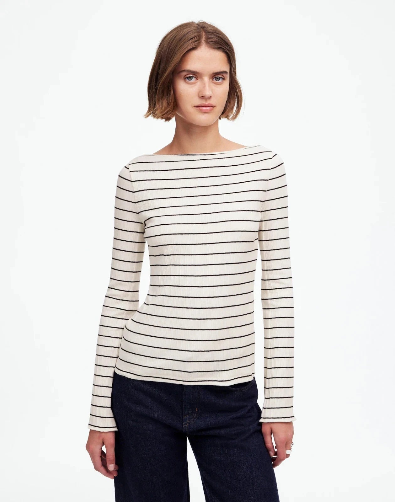 

Женский зимний топ Madewell NT681 в резинку, белый в полоску, с вырезом-лодочкой, классический, RED240 Madewell, белый