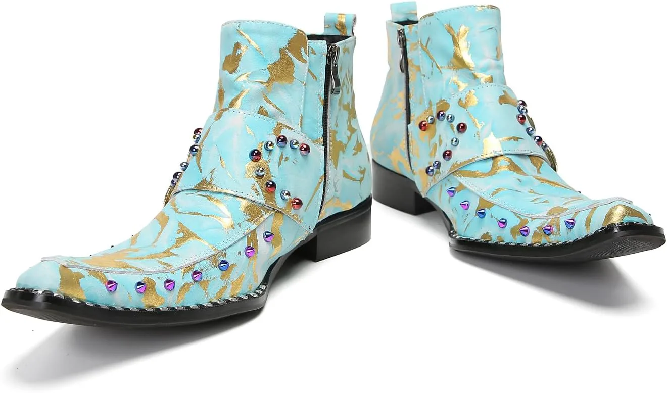 

Мужские повседневные ботинки Santimon Chelsea - настоящая кожа, ковбойские вестерн-бутсы с двойной пряжкой и разноцветными бусинами для вечеринок и бальных танцев