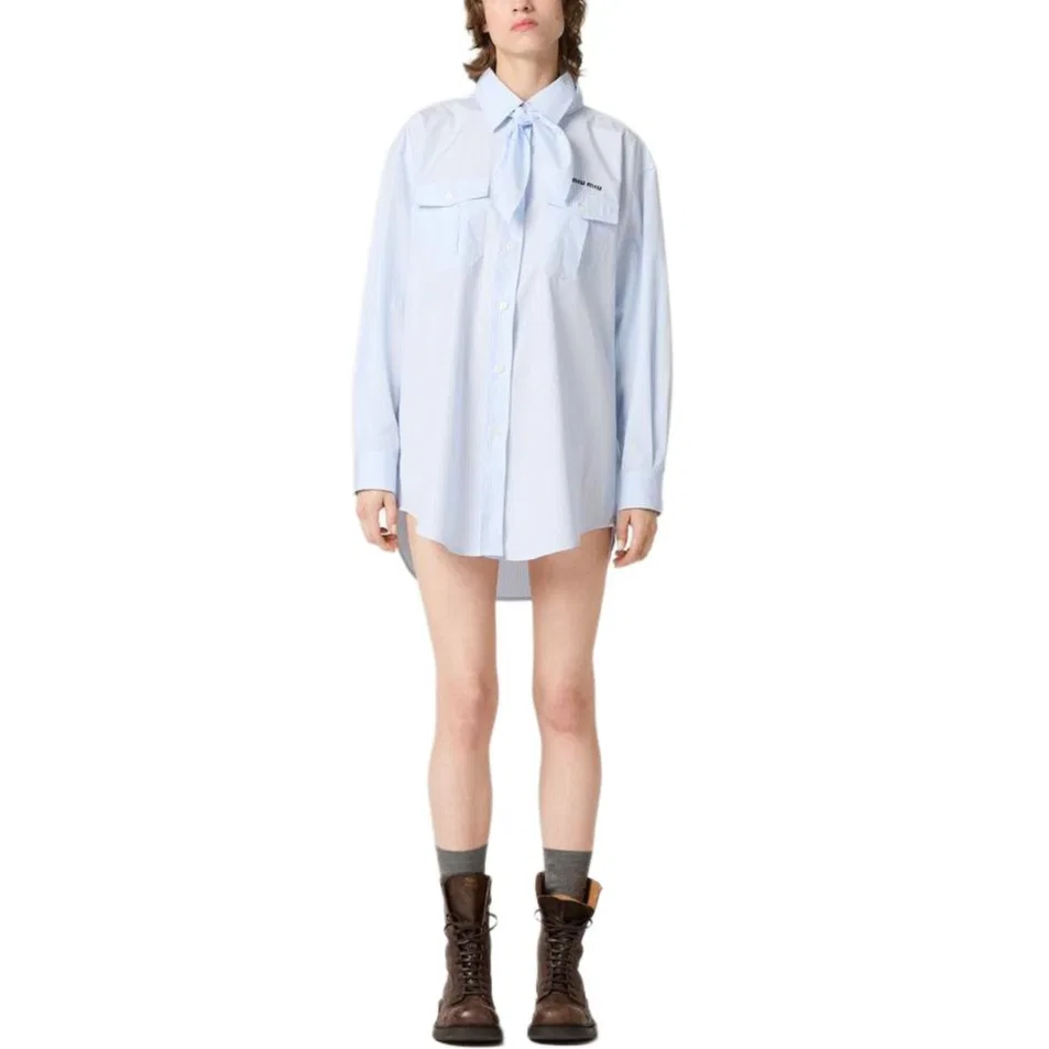 Рубашка из поплина с полосками и шарфом-деталью MIU MIU, Sky Blue — фото 2