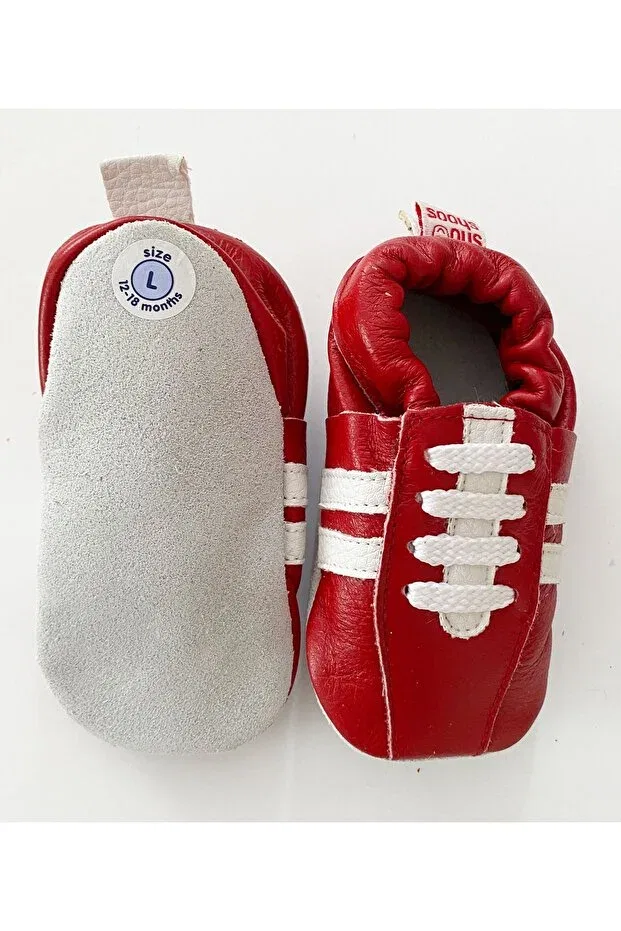 Детские пинетки для девочек полосатые handmade baby genuine leather booties Shooshoos, Red