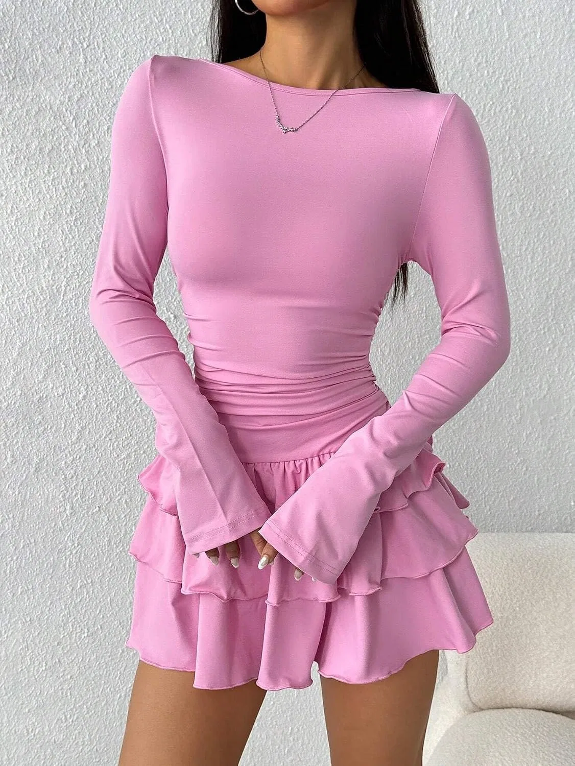 Женское повседневное платье A-силуэта с рюшами Pink — фото 3