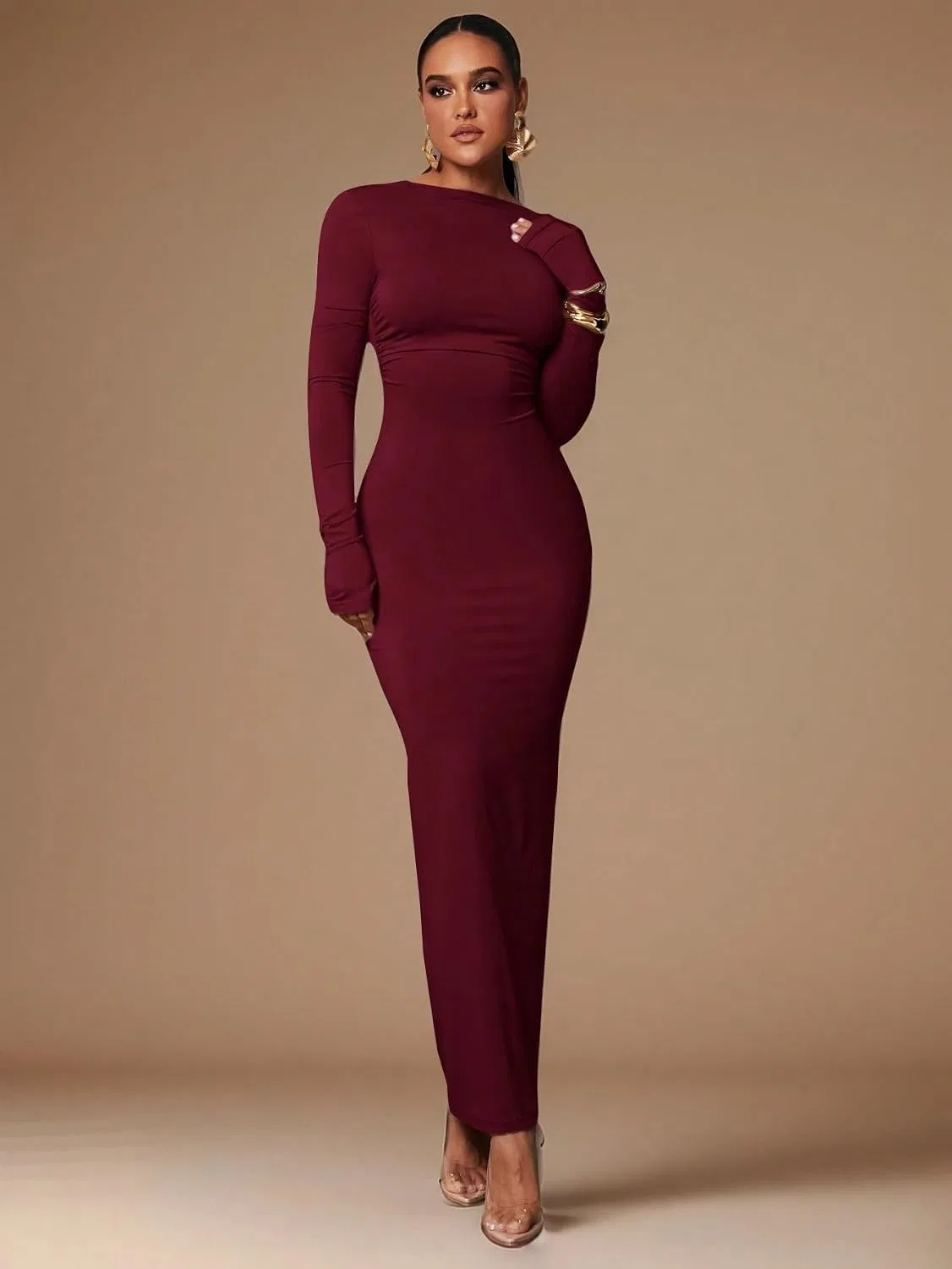 Женское длинное платье-футляр с глубоким вырезом на спине, Burgundy — фото 2