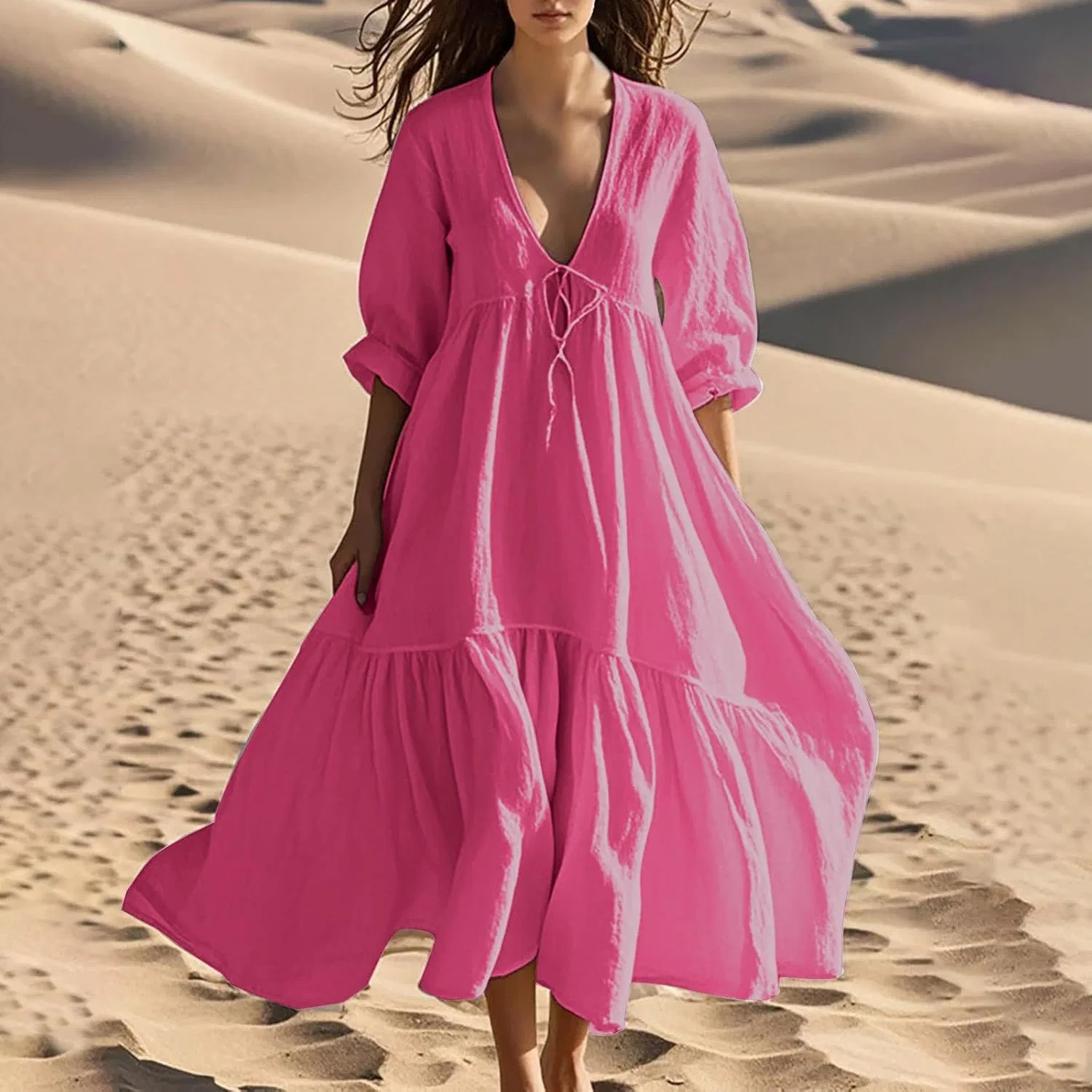 Женское летнее платье-макси с V-образным вырезом, рукава 3/4, Hot Pink — фото 2
