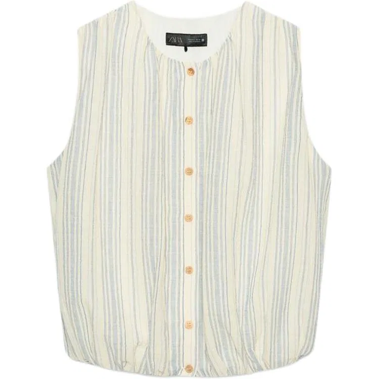 Женская рубашка с круглым вырезом, тонкая, приталенная Nude/Sea Blue ZARA, Nude/Sea Blue