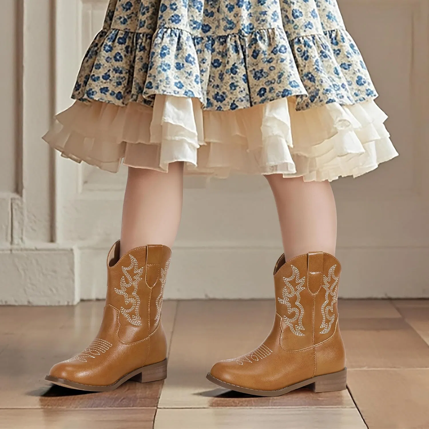 Детские сапоги для девочек с вышивкой Cowgirl Boots PANDANINJIA, Brown — фото 3