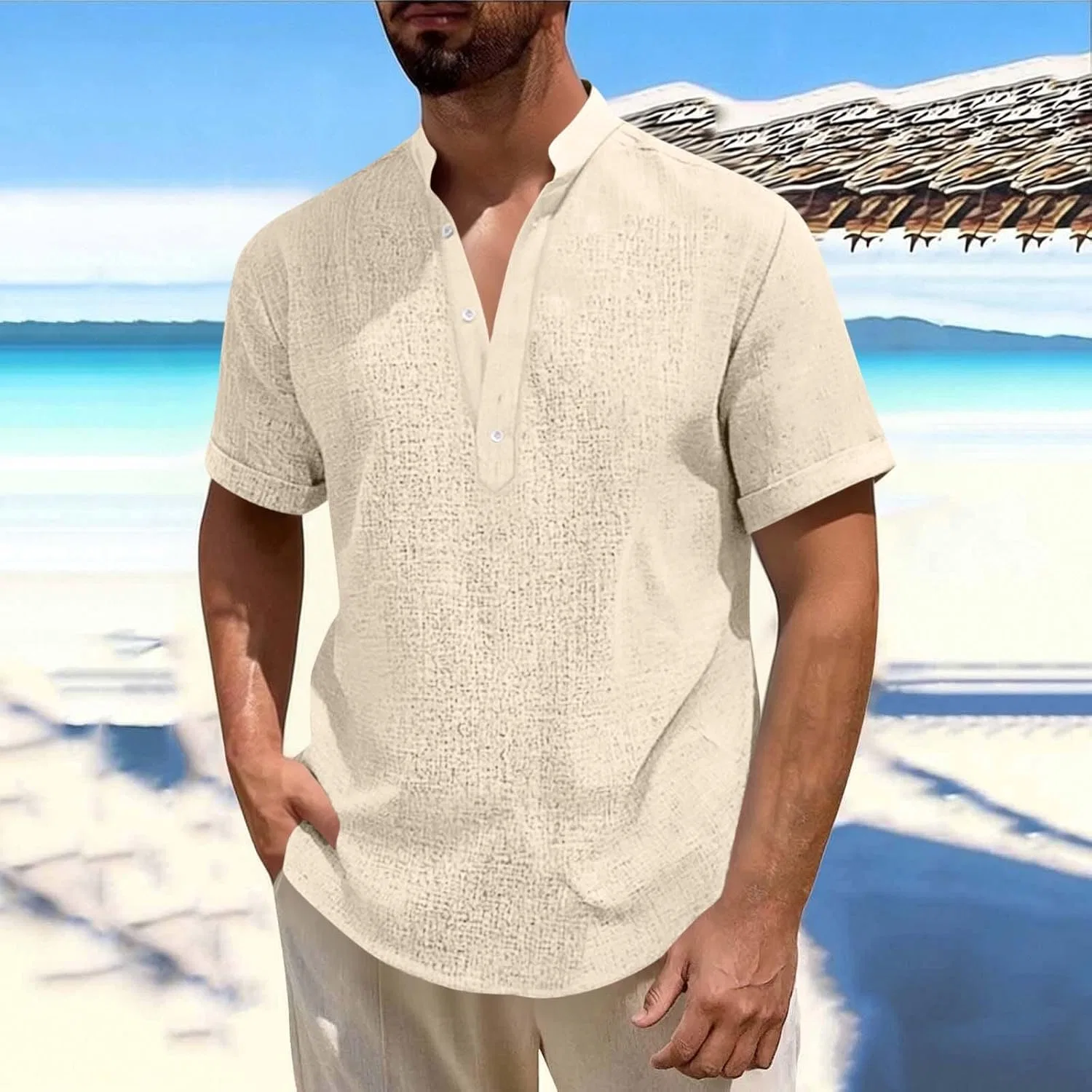 Мужская льняная рубашка-поло с коротким рукавом Solid Button Tee, Khaki — фото 2