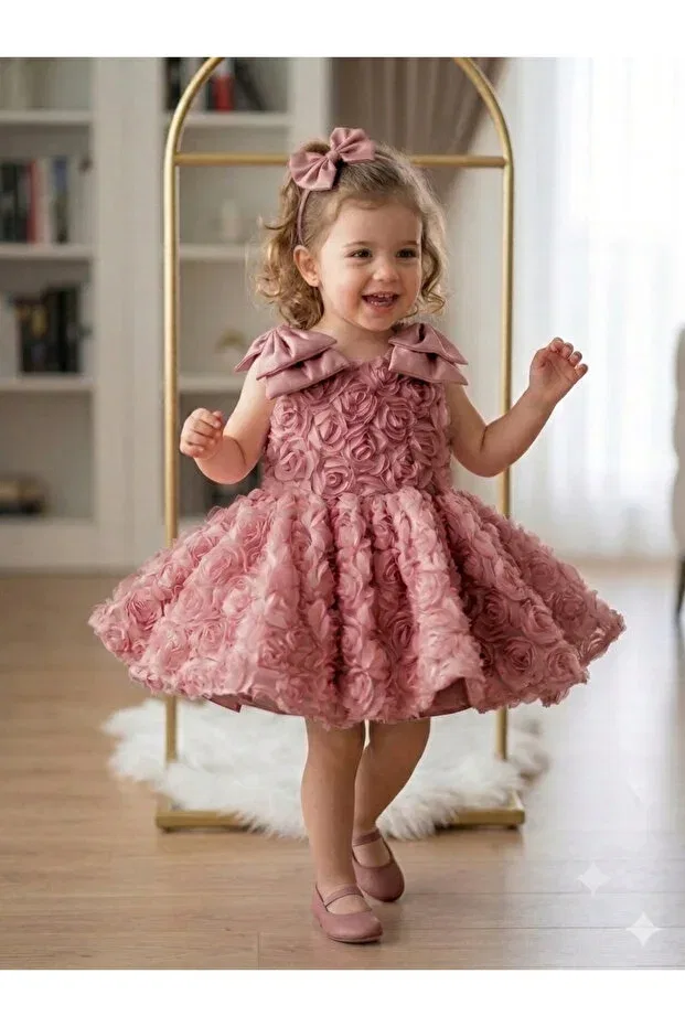Детское платье для девочек с принтом Miraceta design girl's red rose patterned evening dress with bow detail Mirace Styl, Pink
