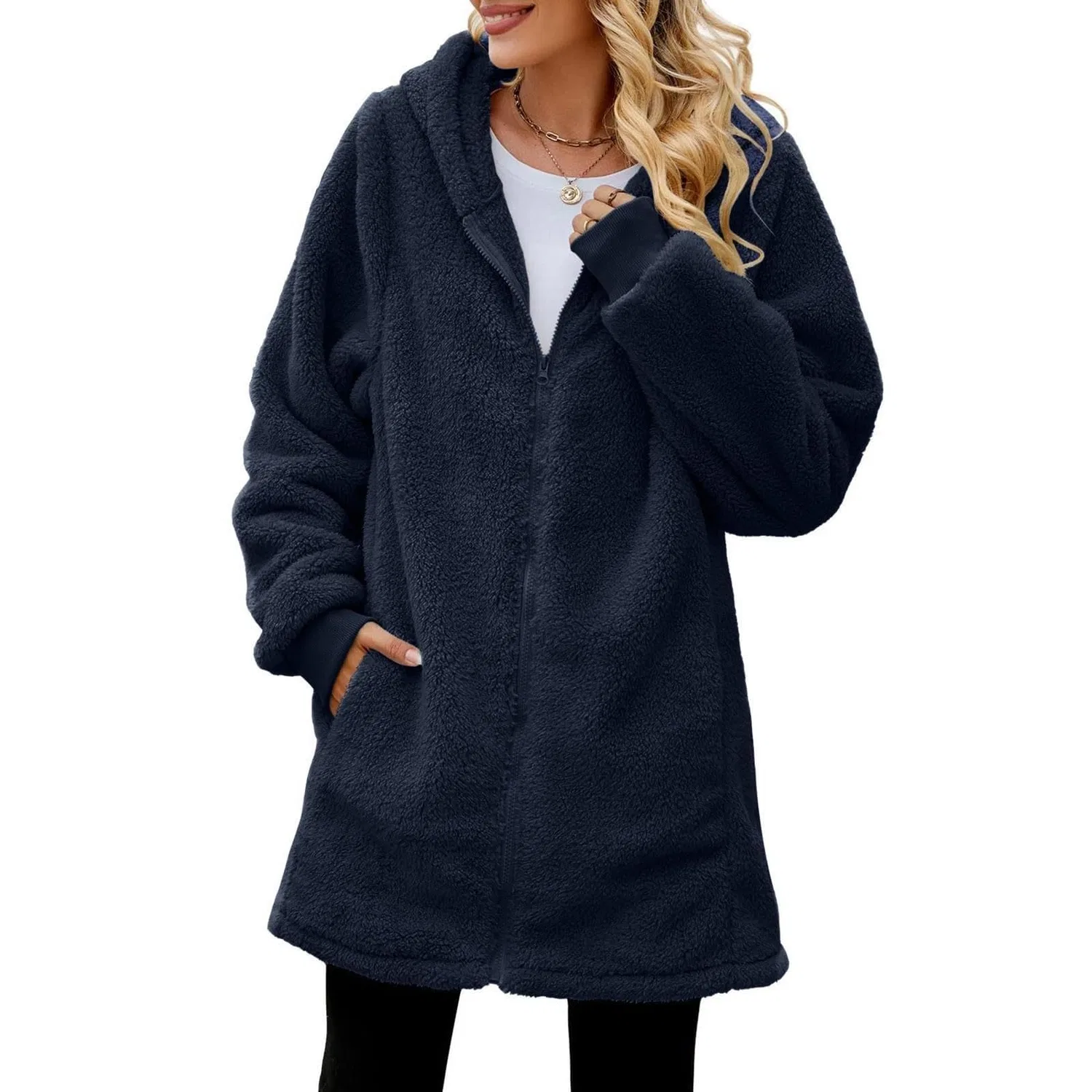 Женское утеплённое пальто с капюшоном Fleece Jackets for Women Full Zipper, Marina Militare — фото 4