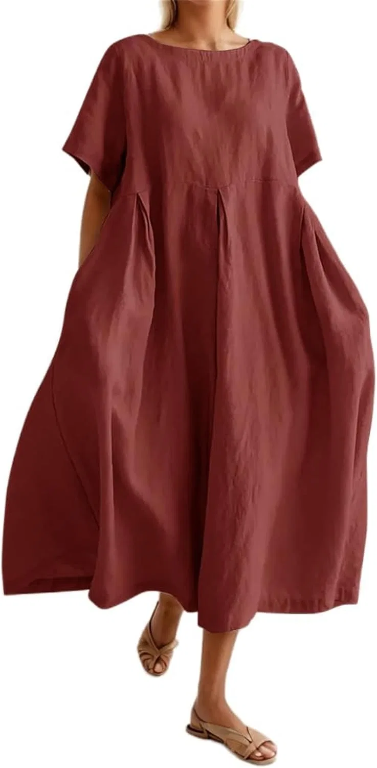 Женское свободное платье с карманами Cotton Linen, Dark Red