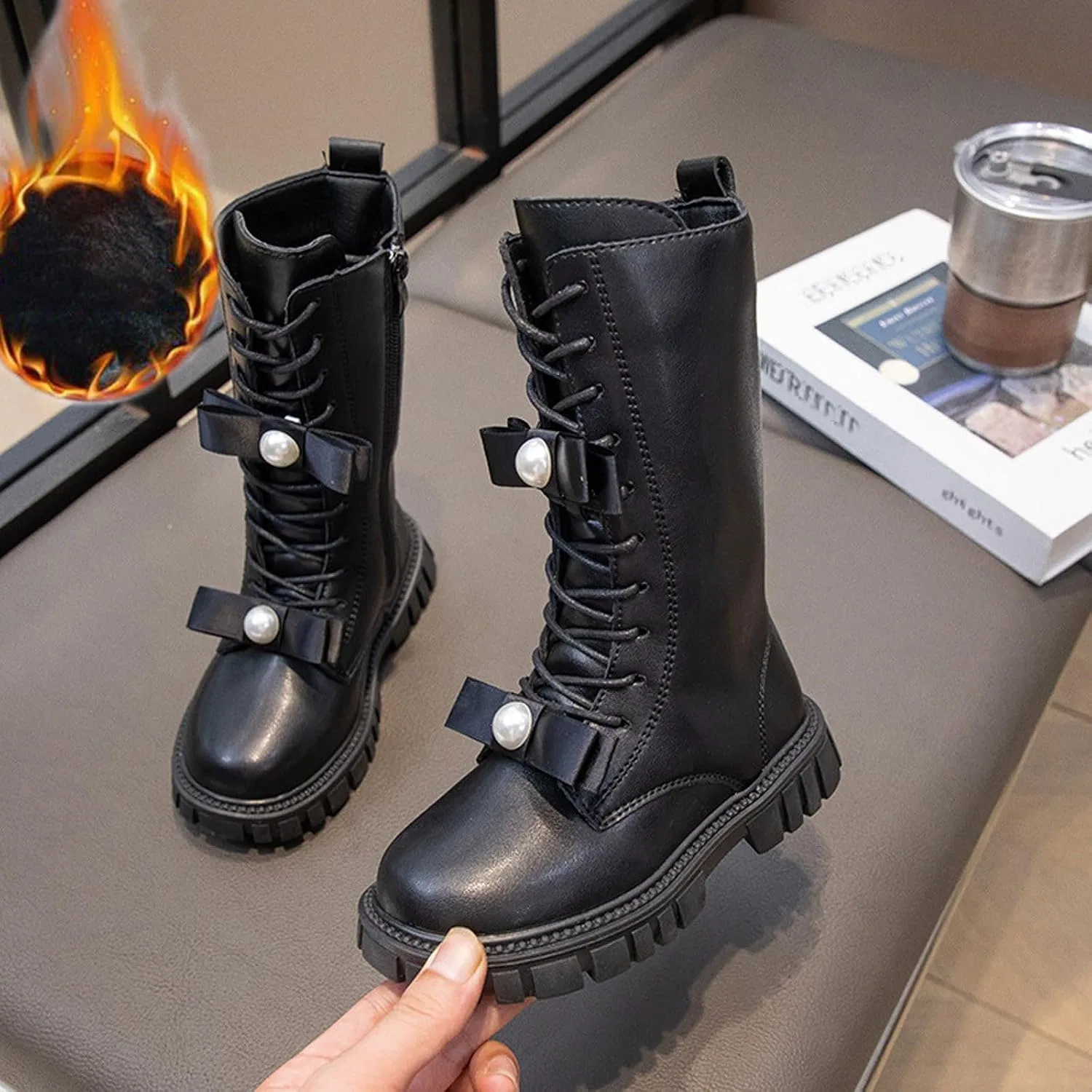 Детские ботинки для девочек на шнуровке Ctreela, Black — фото 2
