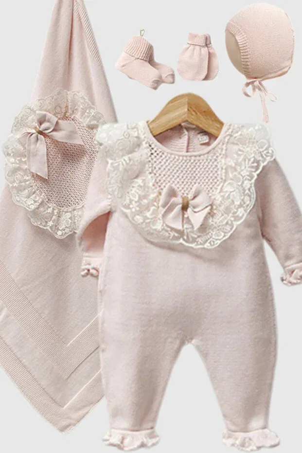 Детский комплект для новорожденных девочек хлопковый Blossom Lace Trim 5-Piece Baby Girl Hospital Discharge Set-Premium Cotton Knit Newborn Set-Gift Ready Naka Concept, Pink