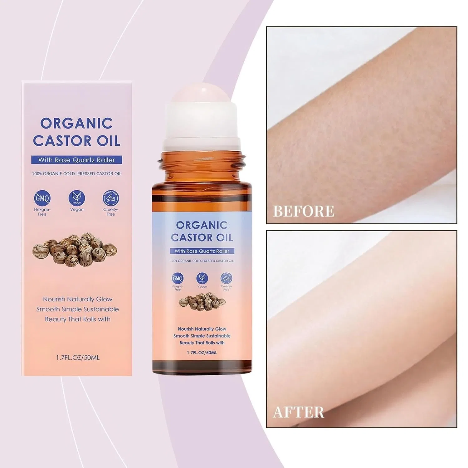 Масло для тела Organic Castor Oil with Rose Quartz Roller, Generisch, 2 шт., 50 мл, 2PC — фото 2