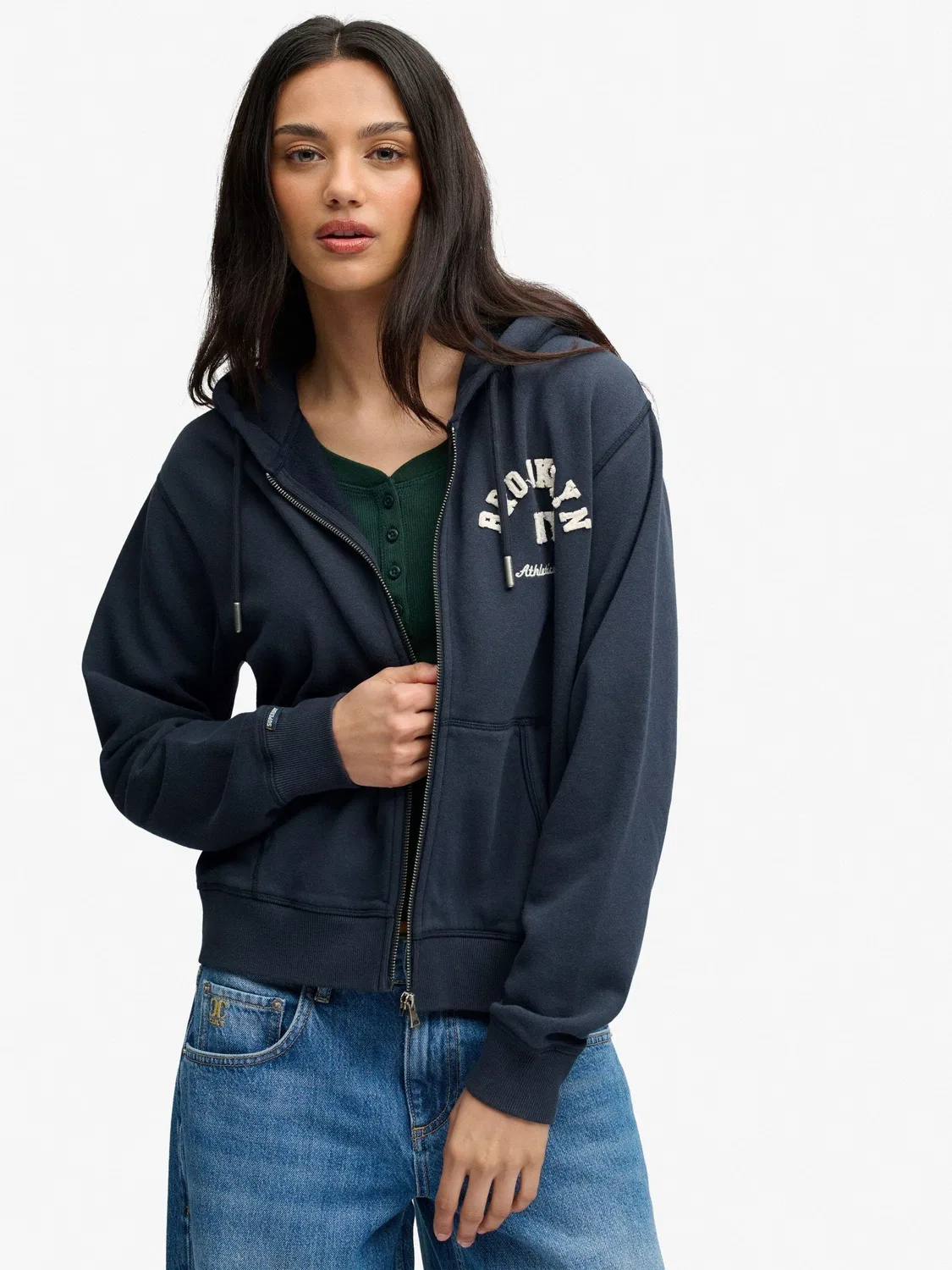 Худи женское, укороченное, на молнии Superdry Ath Ess Relaxed Crop Zip, синий — фото 2