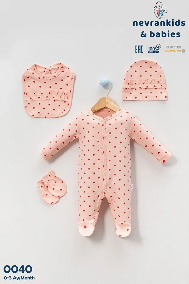 Детский комбинезон для девочек с принтом Heart 4-Piece Romper Set Nevrankids, Pink — фото 3