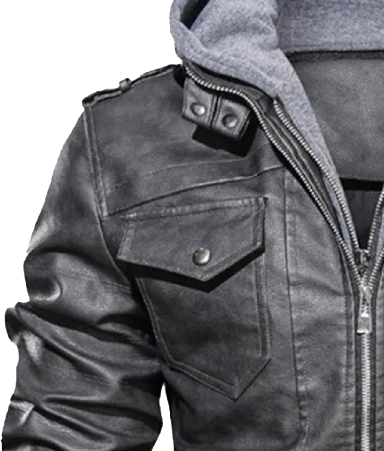 Мужская куртка из экокожи с капюшоном, модель Motorcycle Bomber, с асимметричной молнией, серый — фото 4
