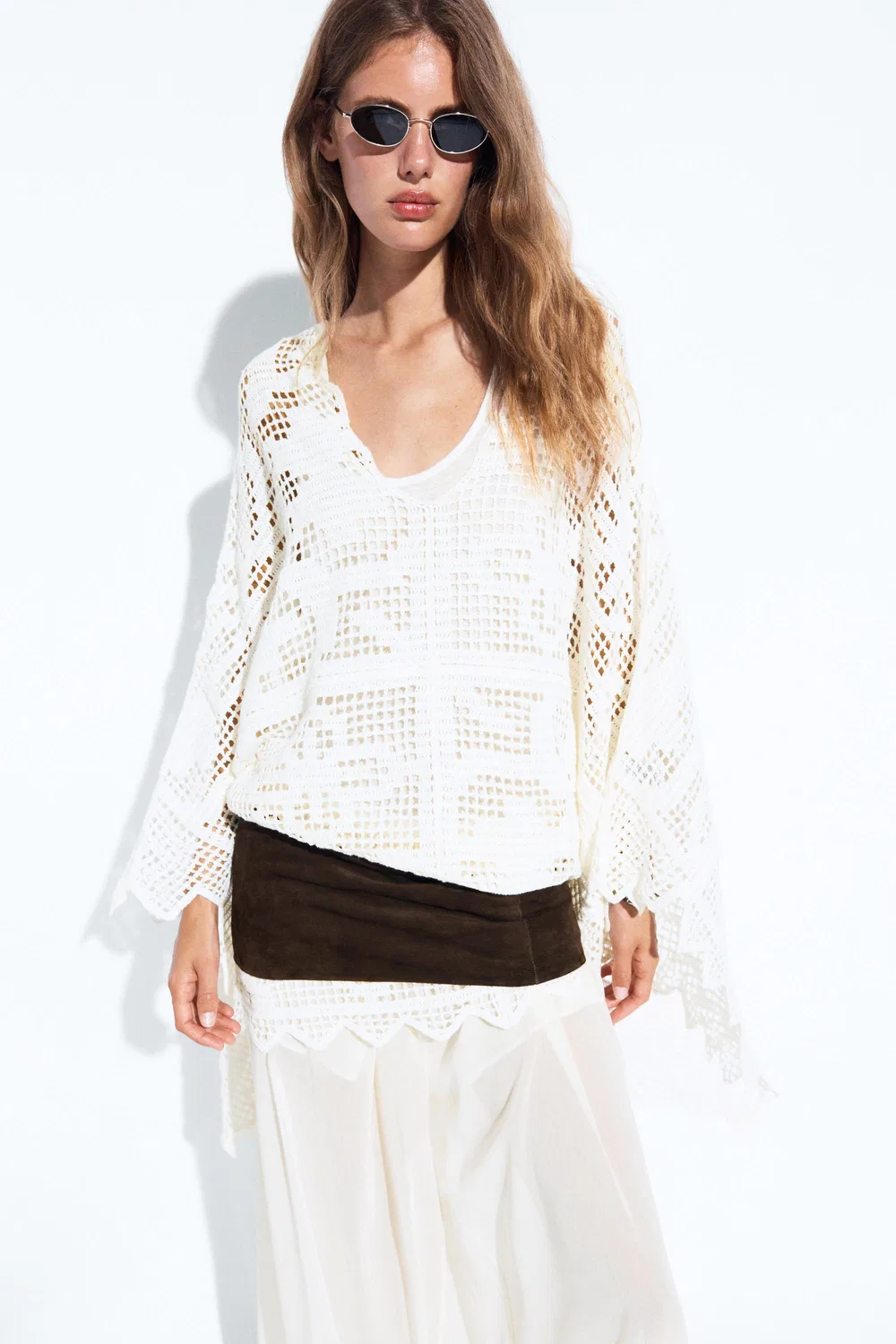Накидка-пончо Massimo Dutti Crochet Knit, белый