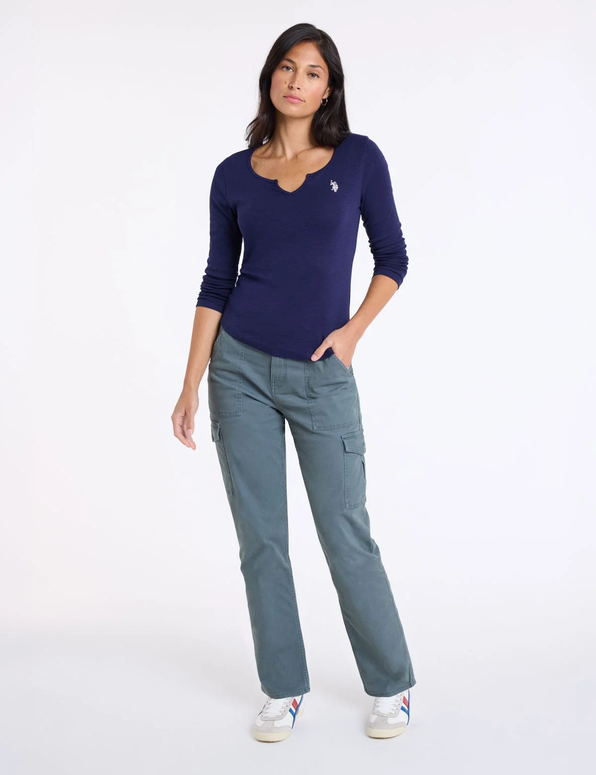 Лонгслив U.S. Polo Assn. Notch Neck T-Shirt, темно-синий — фото 3