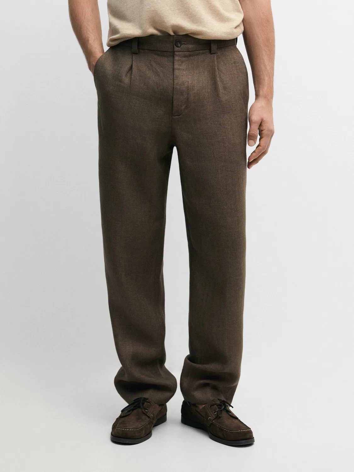 Льняные брюки в стиле "Total Look" с отделкой "елочкой" Massimo Dutti, Ochre — фото 3