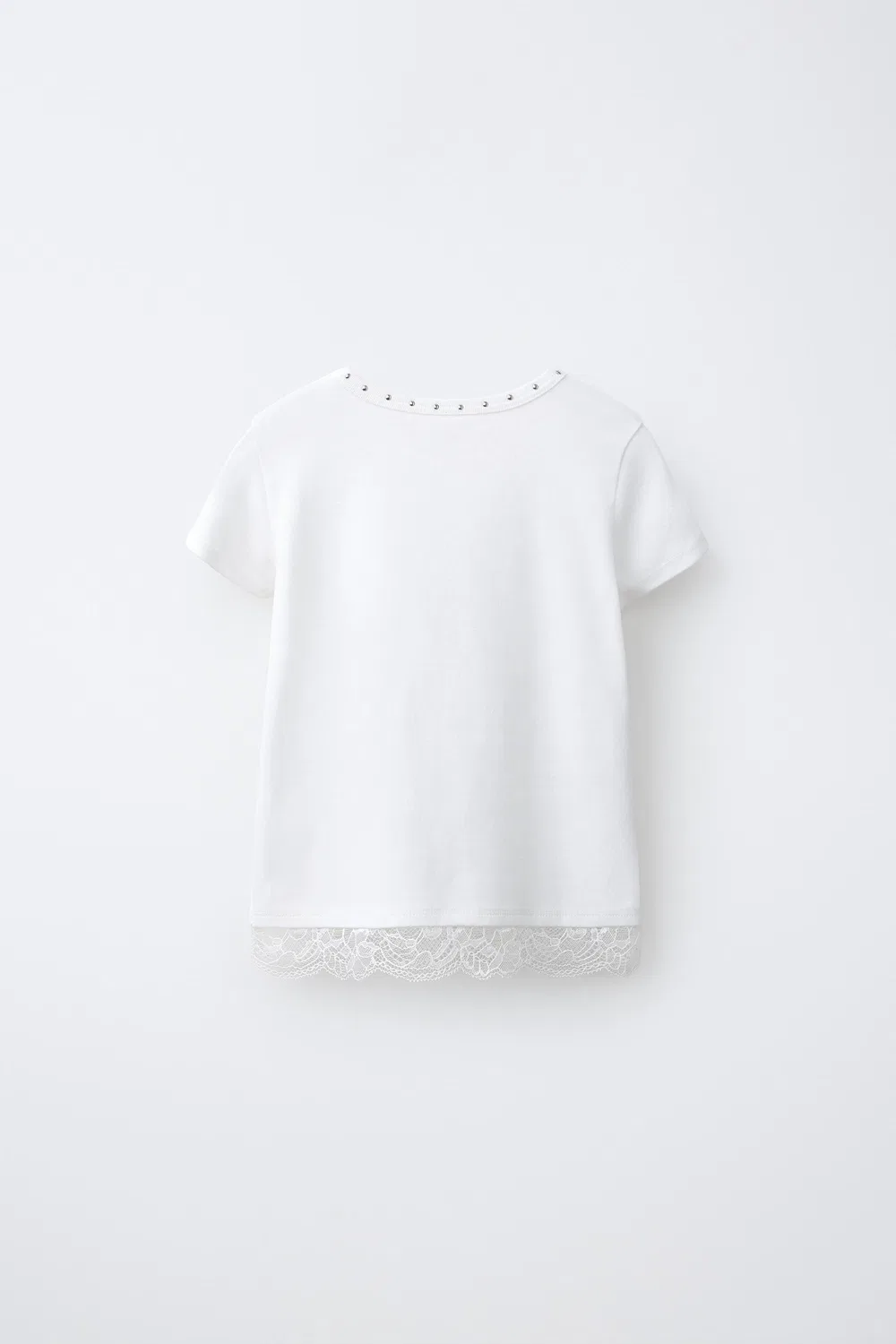 Футболка с заклепками и кружевной отделкой по низу. ZARA, White — фото 2