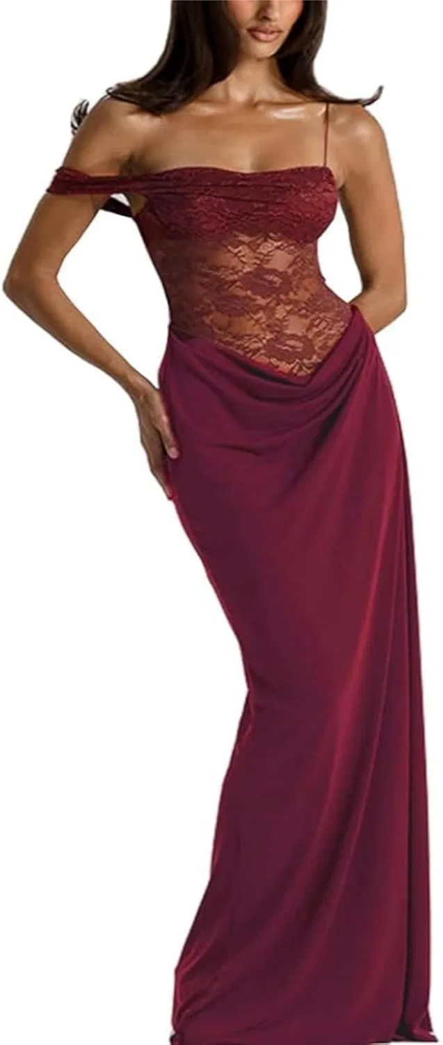Женское сексуальное кружевное платье макси с разрезом One Shoulder, Burgundy
