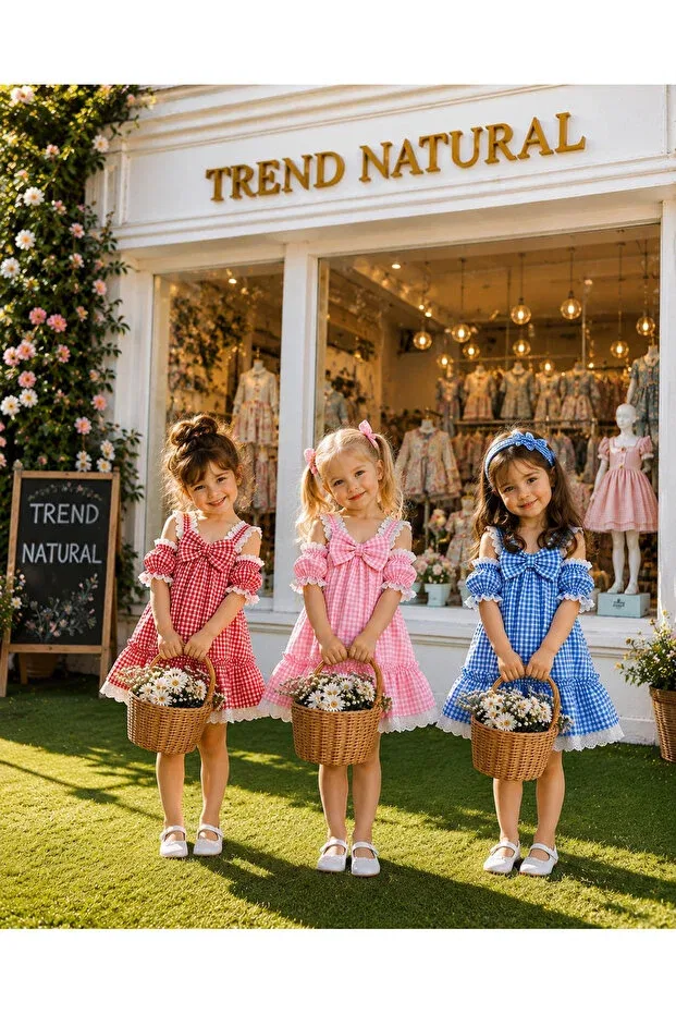 Детское платье для девочек с принтом Vintage Plaid Bow Detailed Trend Natural, Pink — фото 3