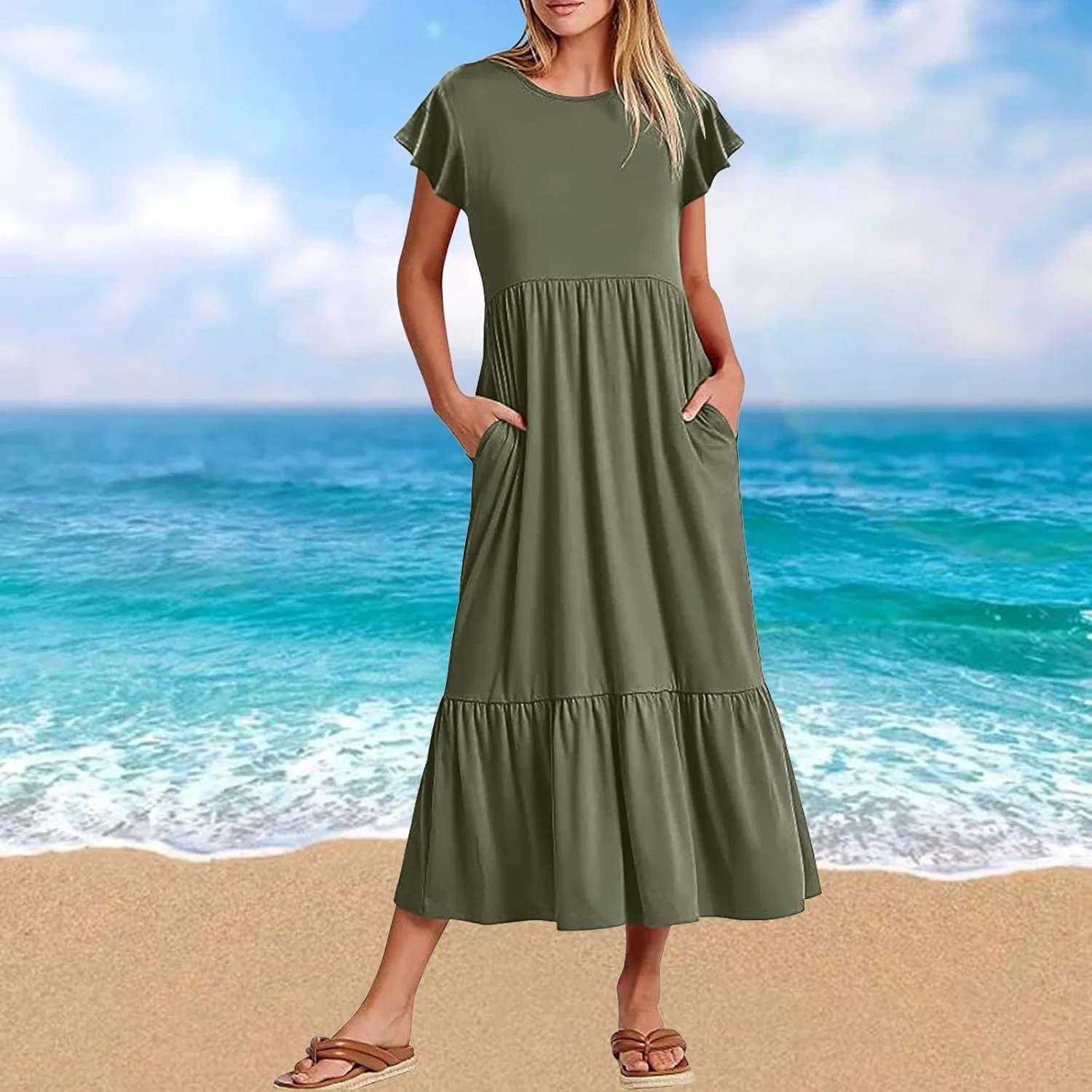 Женское летнее платье с рюшами и резинкой на талии, Army Green — фото 2