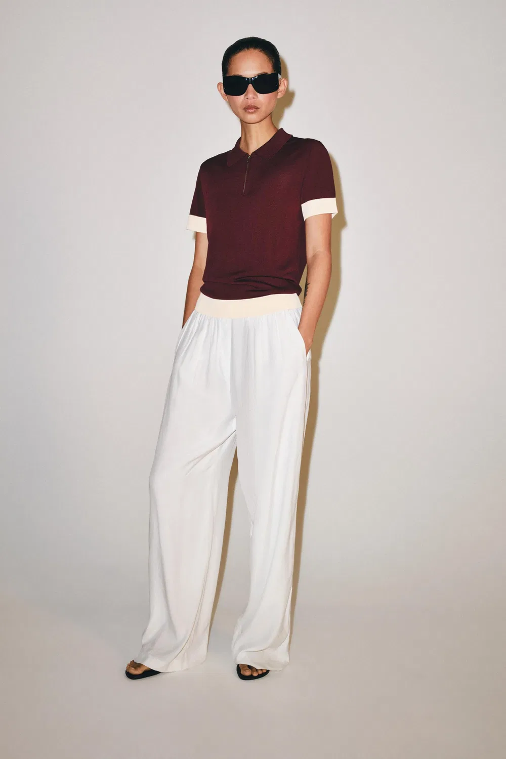 Вязаная рубашка-поло на молнии ZARA, Burgundy
