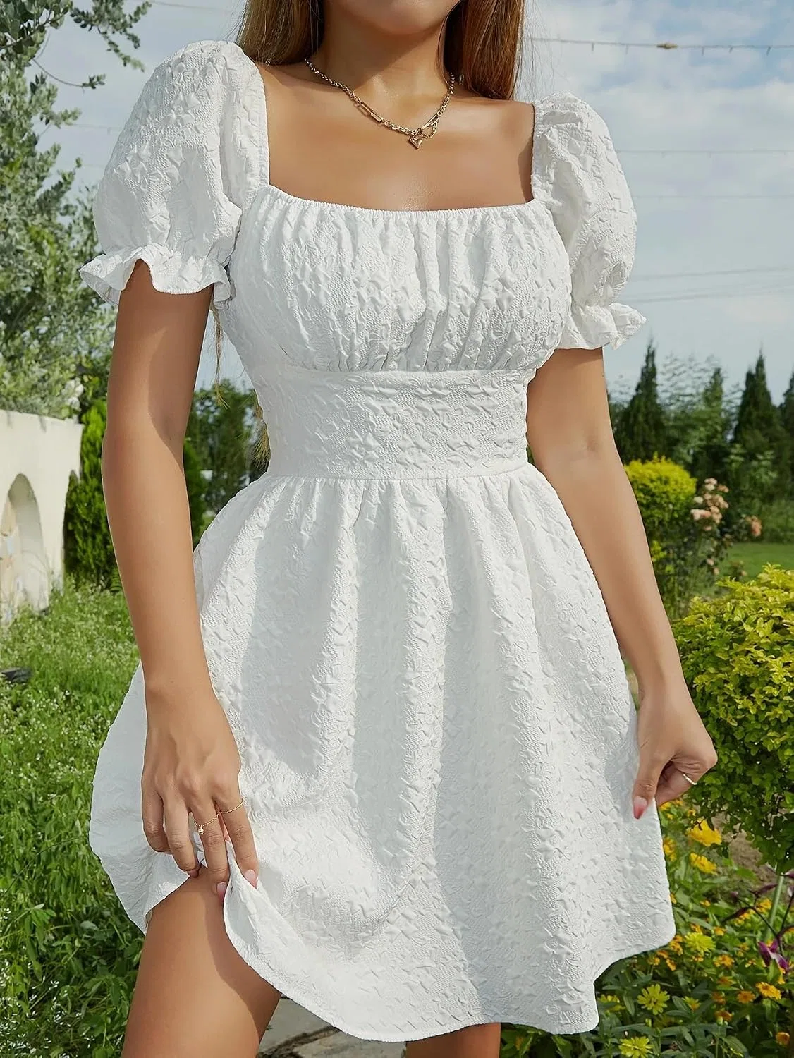 Женское повседневное A-силуэта платье с пышными рукавами, White — фото 2