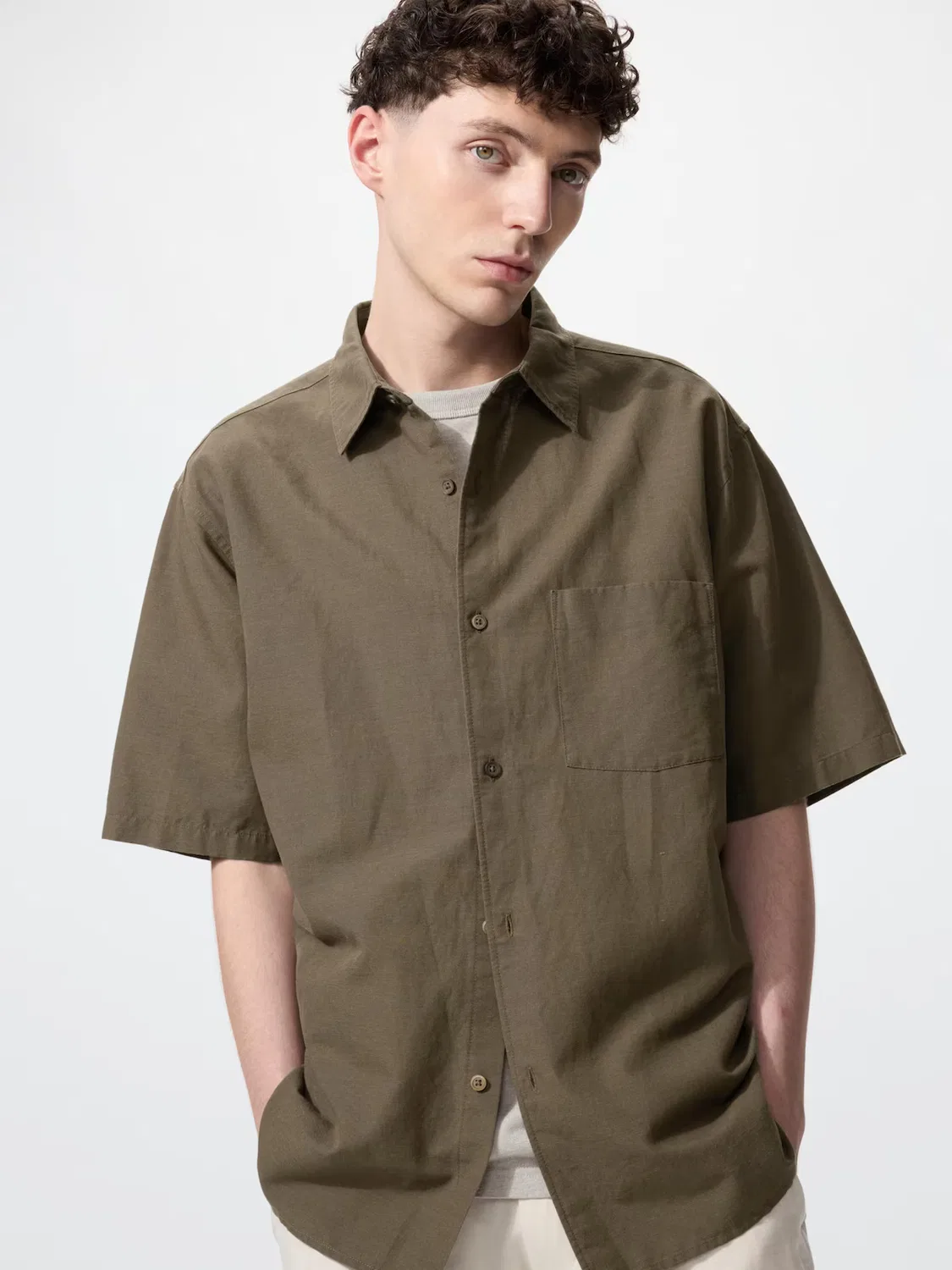 Рубашка Uniqlo, льняная хлопковая, коричневый