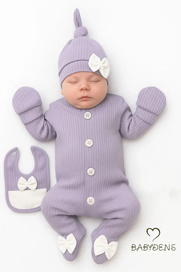 Детский комплект боди-комбинезонов для девочек с длинным рукавом 4-Piece baby girl ribbed newborn baby romper set Babyden'S, Lilac — фото 3