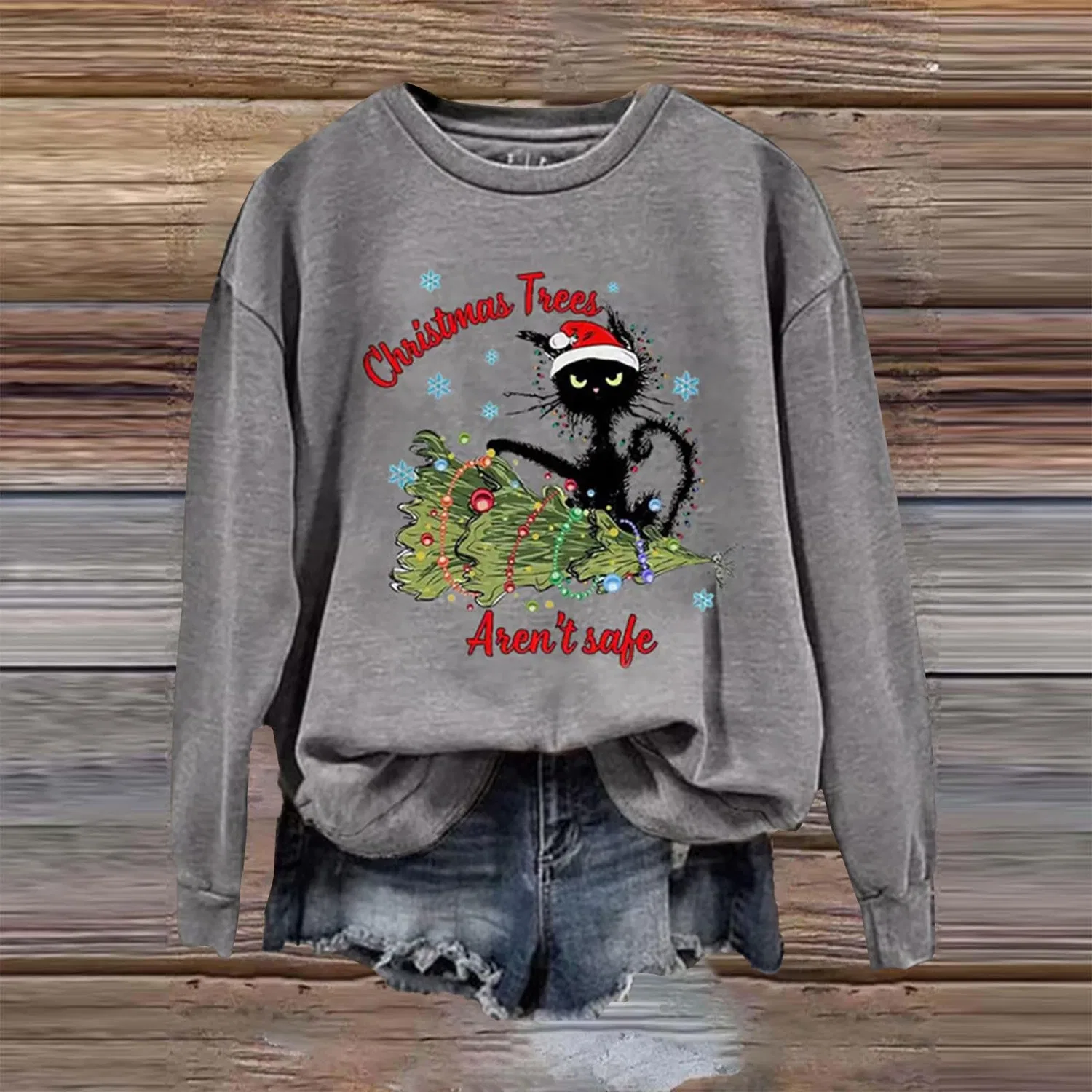 Женский свитшот с принтом Christmas Tree Funny Cat Say What Woman Pullover, Z01 Grey — фото 2