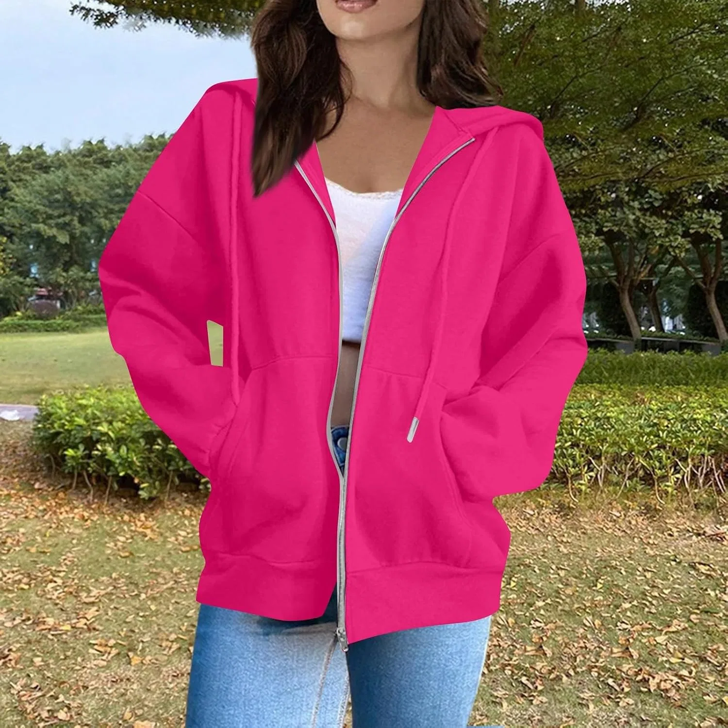 Женское худи на молнии оверсайз с капюшоном, S135-Hot Pink — фото 2