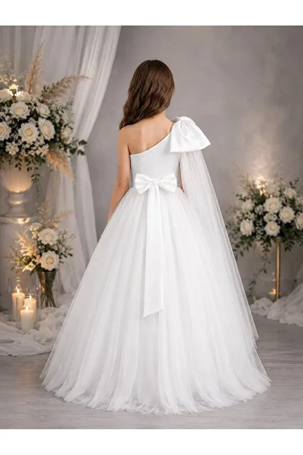 Детское платье для девочек с одним рукавом Party Nsmlife, White — фото 2