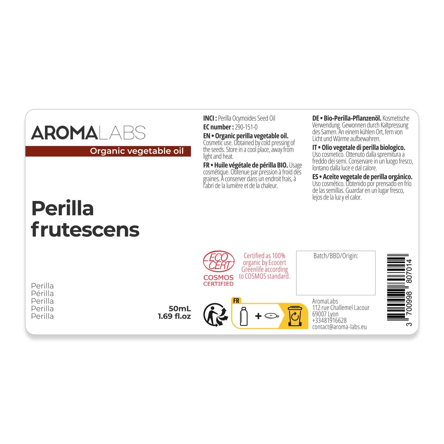 Масло для лица и тела Organic Vegetable Perilla Oil, Aroma Labs, 50 мл — фото 2