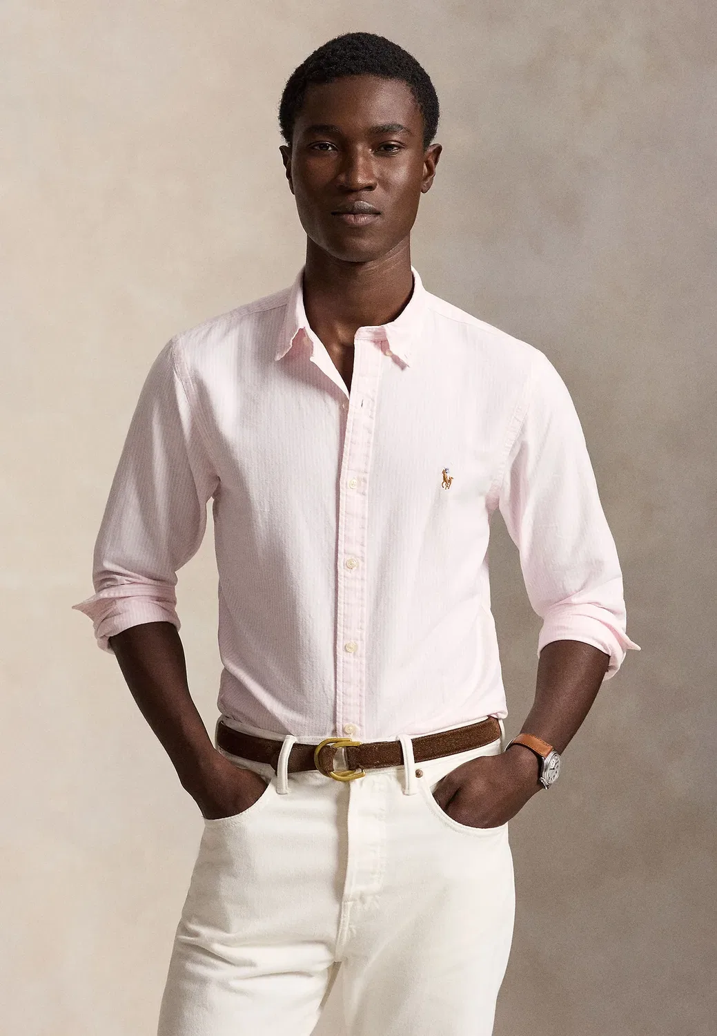 Приталенная полосатая рубашка-оксфорд - рубашка Polo Ralph Lauren, Carmel Pink/White