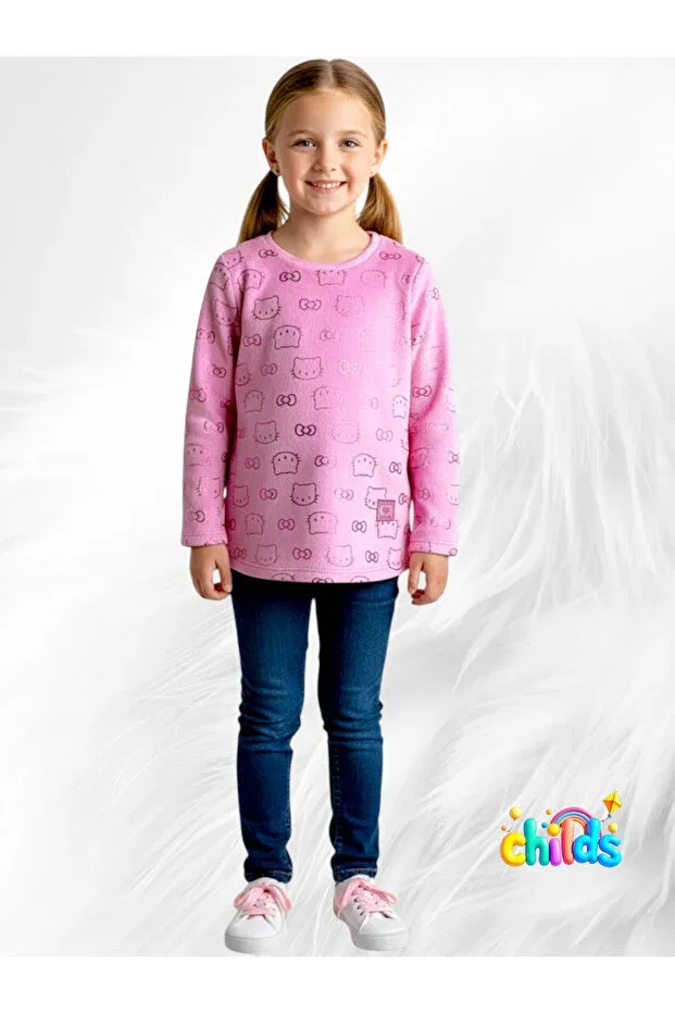 Детские свитшот для девочек с принтом Pink Shiny Cat Printed Fleece Without Sharding Childs, Pink — фото 4