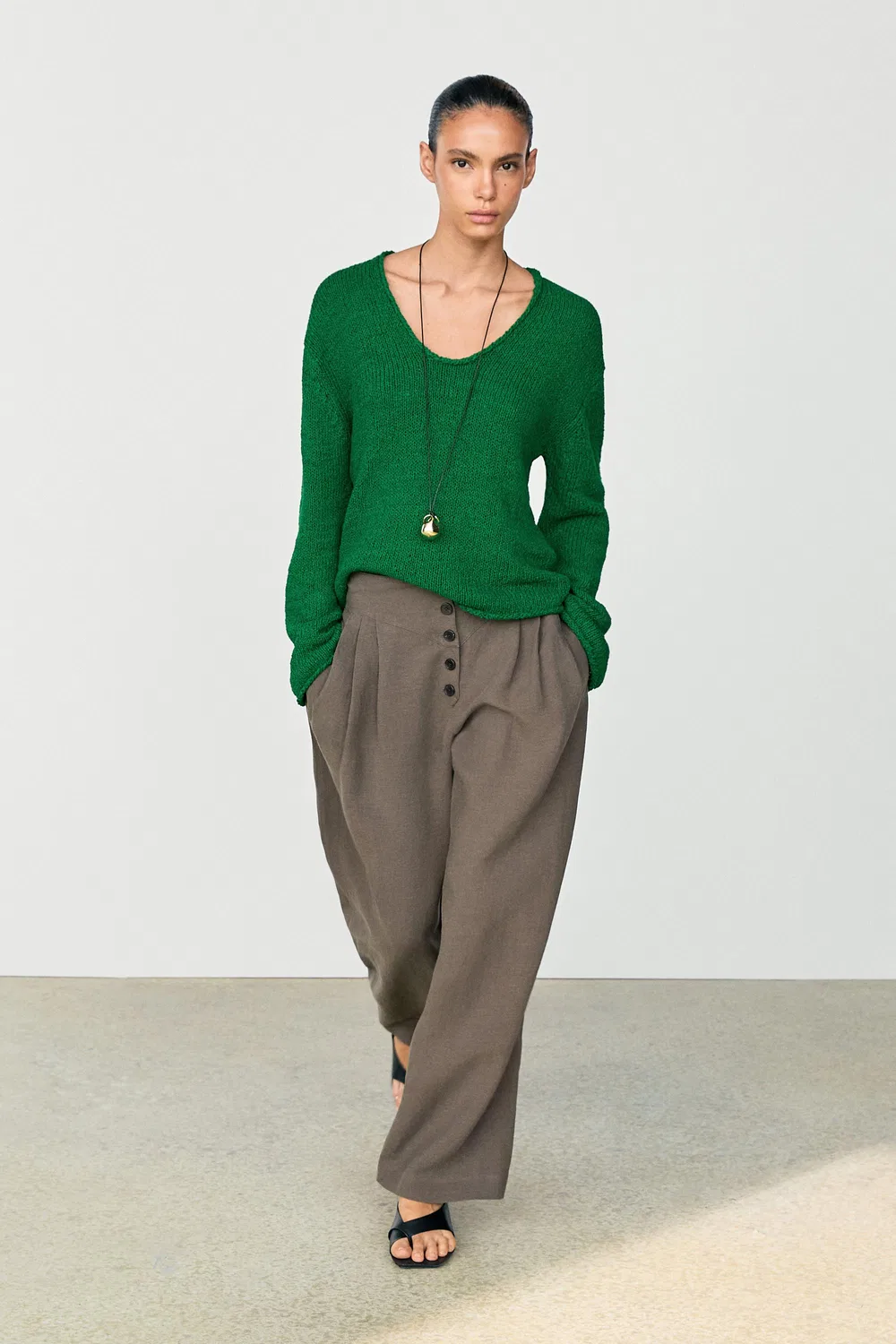 Свитер Massimo Dutti Cotton-Blend Knit, зеленый — фото 3