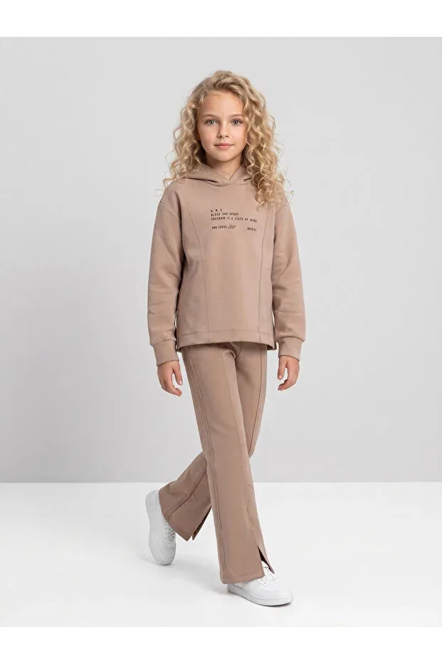 Детский комплект свитшота и брюк для девочек с принтом Basics Black One, Beige — фото 2