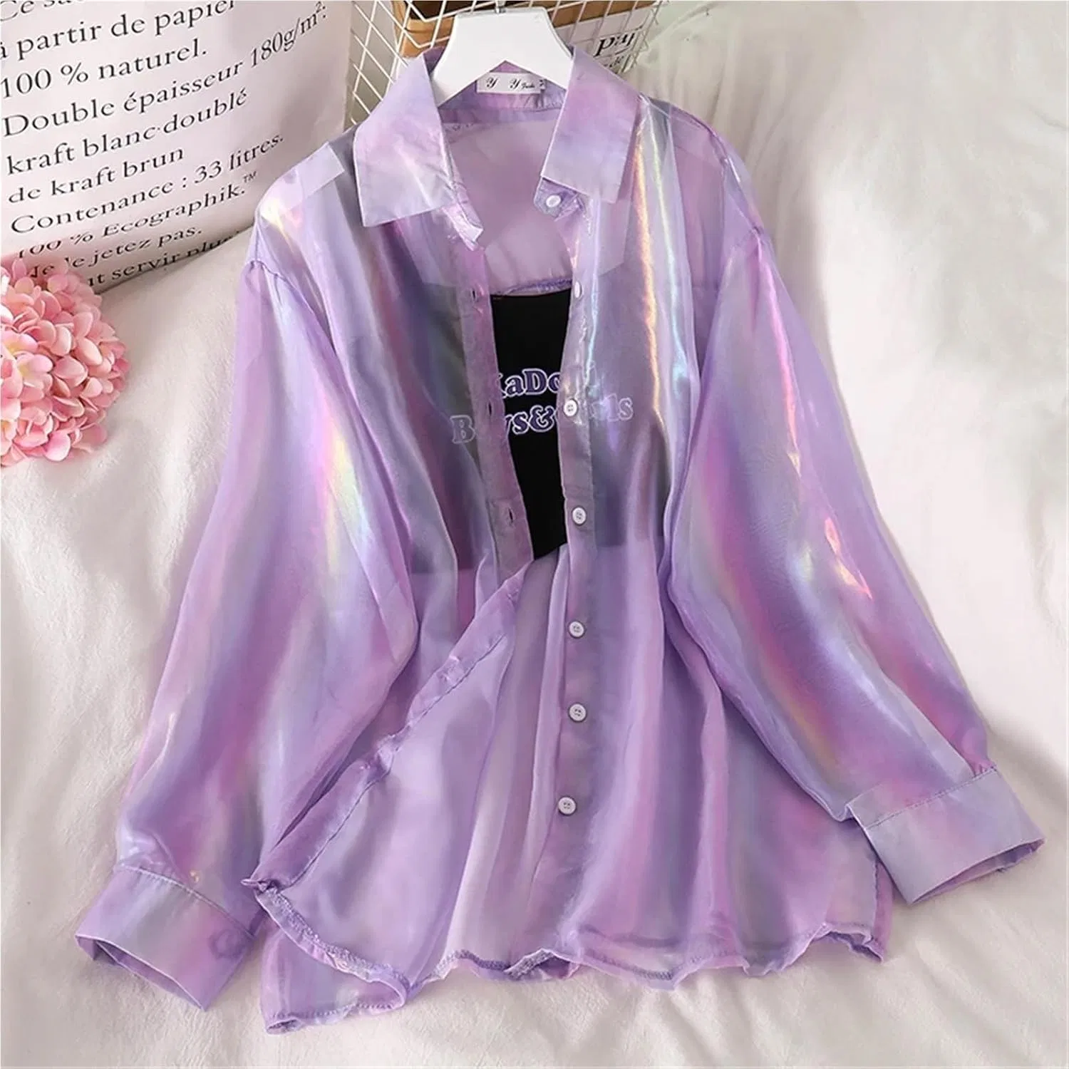 Женская блуза свободного кроя из тюля с радужным принтом, Purple — фото 2