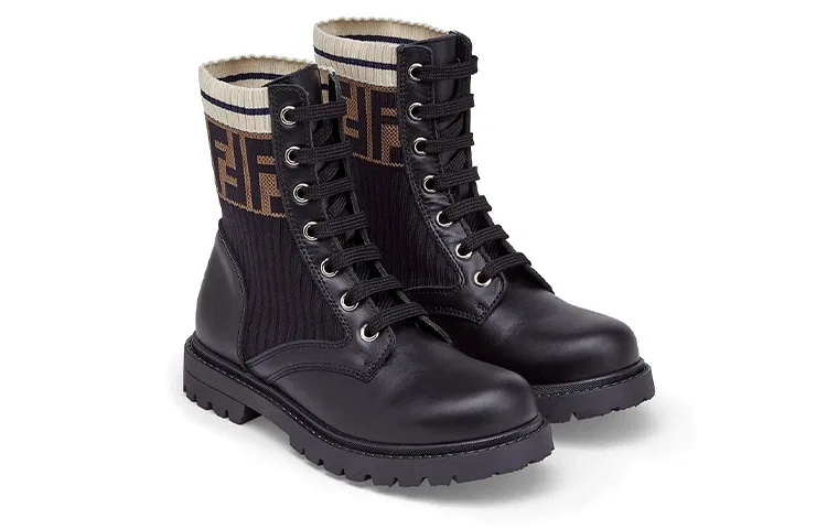 Детские кожаные ботинки для мальчиков с принтом FF FENDI, Black — фото 4
