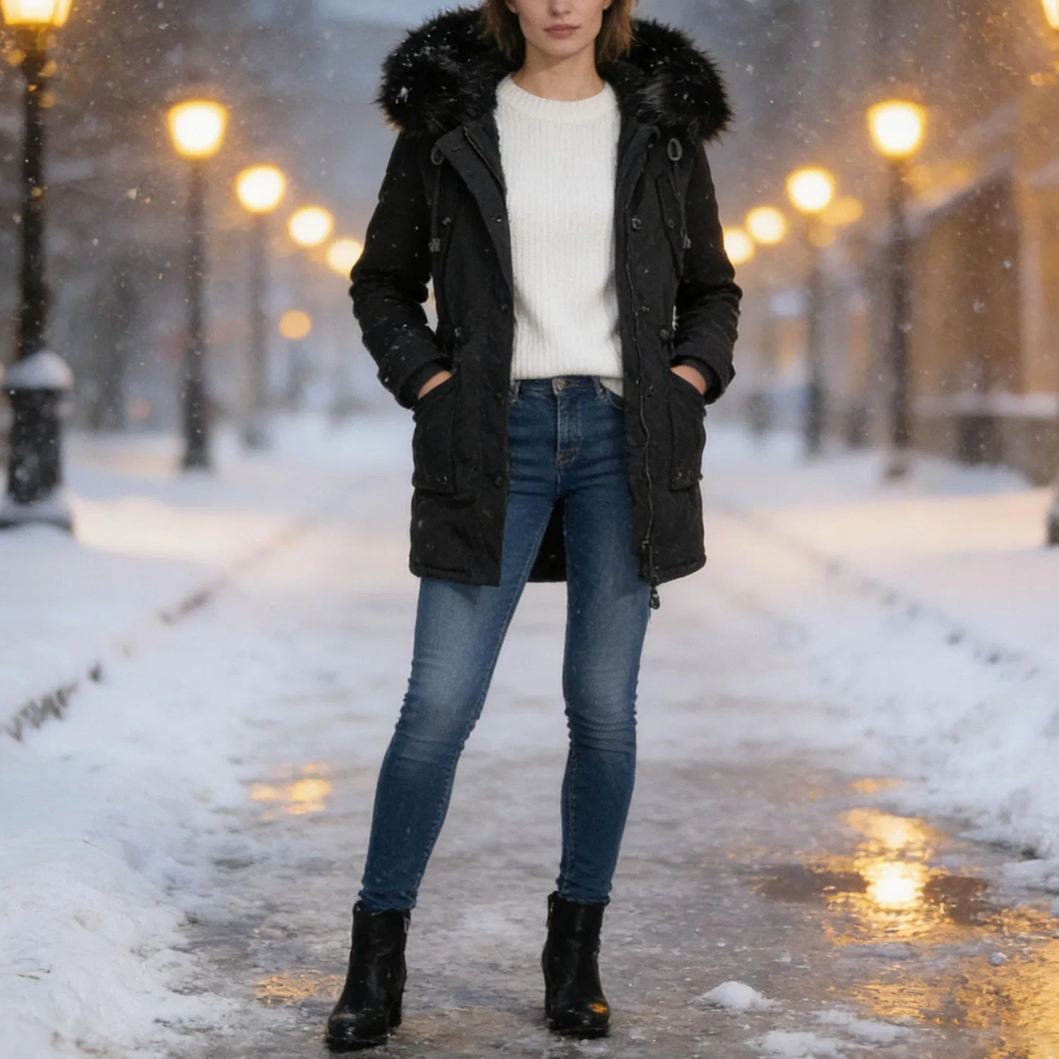 Женская зимняя куртка-парка с принтом, модель Womens Winter Down Jacket Quilted Parka Jacket Warm Waterproof Sherpa Fleece Lining Faux Fur Trim Hood, Nero — фото 2