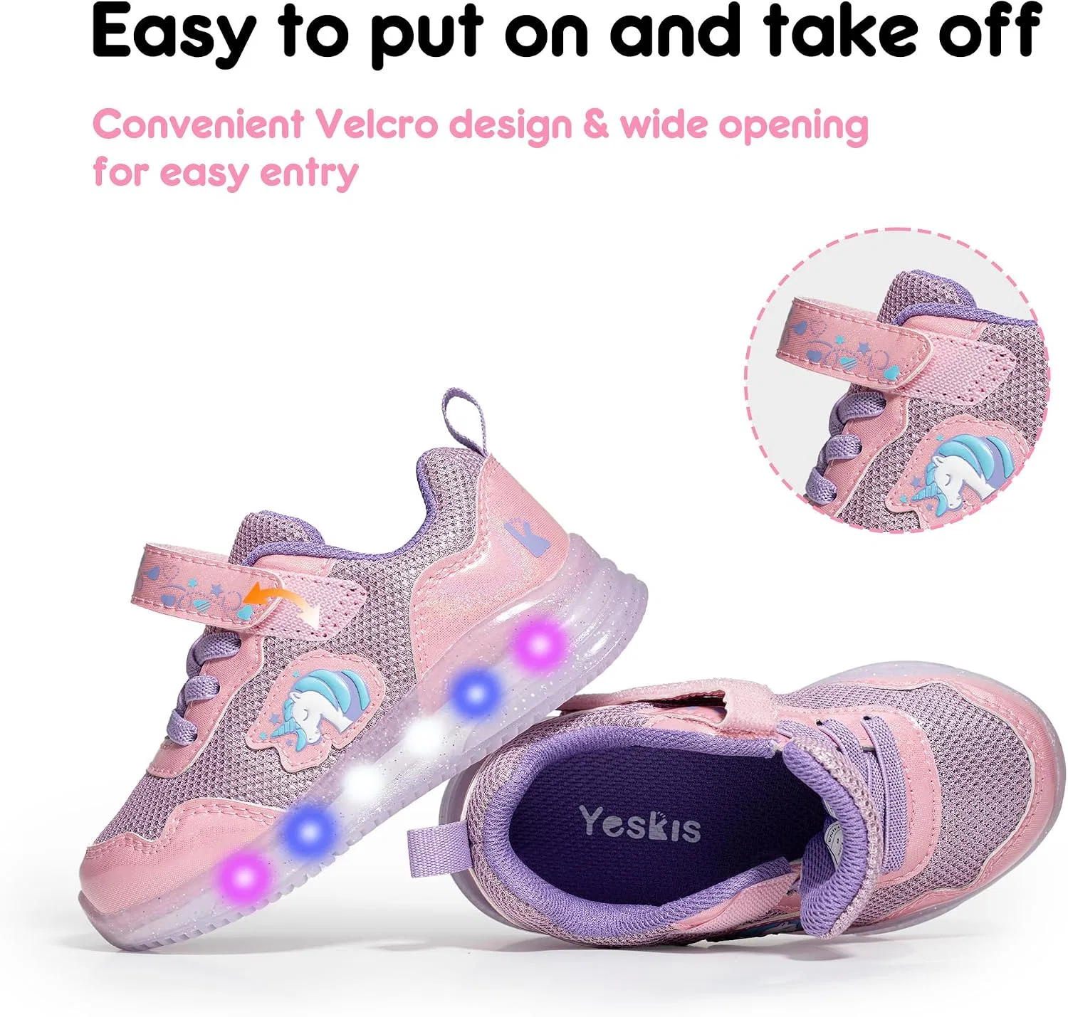 Детские кроссовки для девочек со светящейся подошвой YESKIS, Pink Purple Light Up Shoes — фото 4
