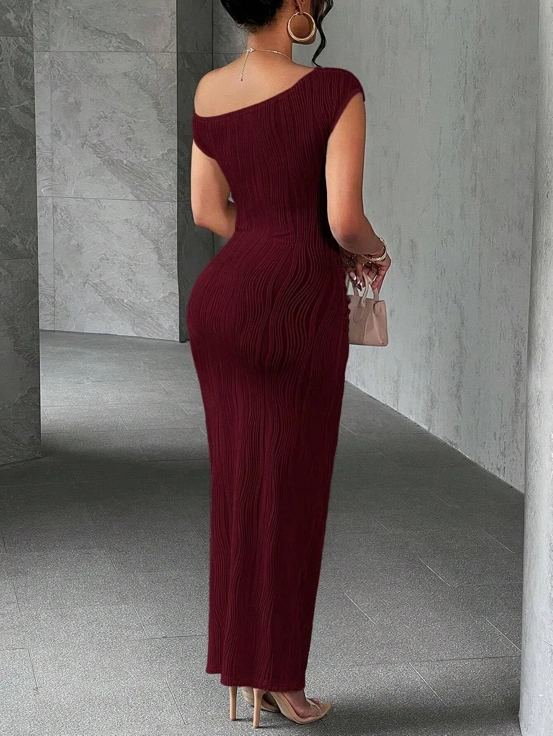 Женское элегантное макси-платье с одним плечом, Bodycon, Burgundy — фото 3