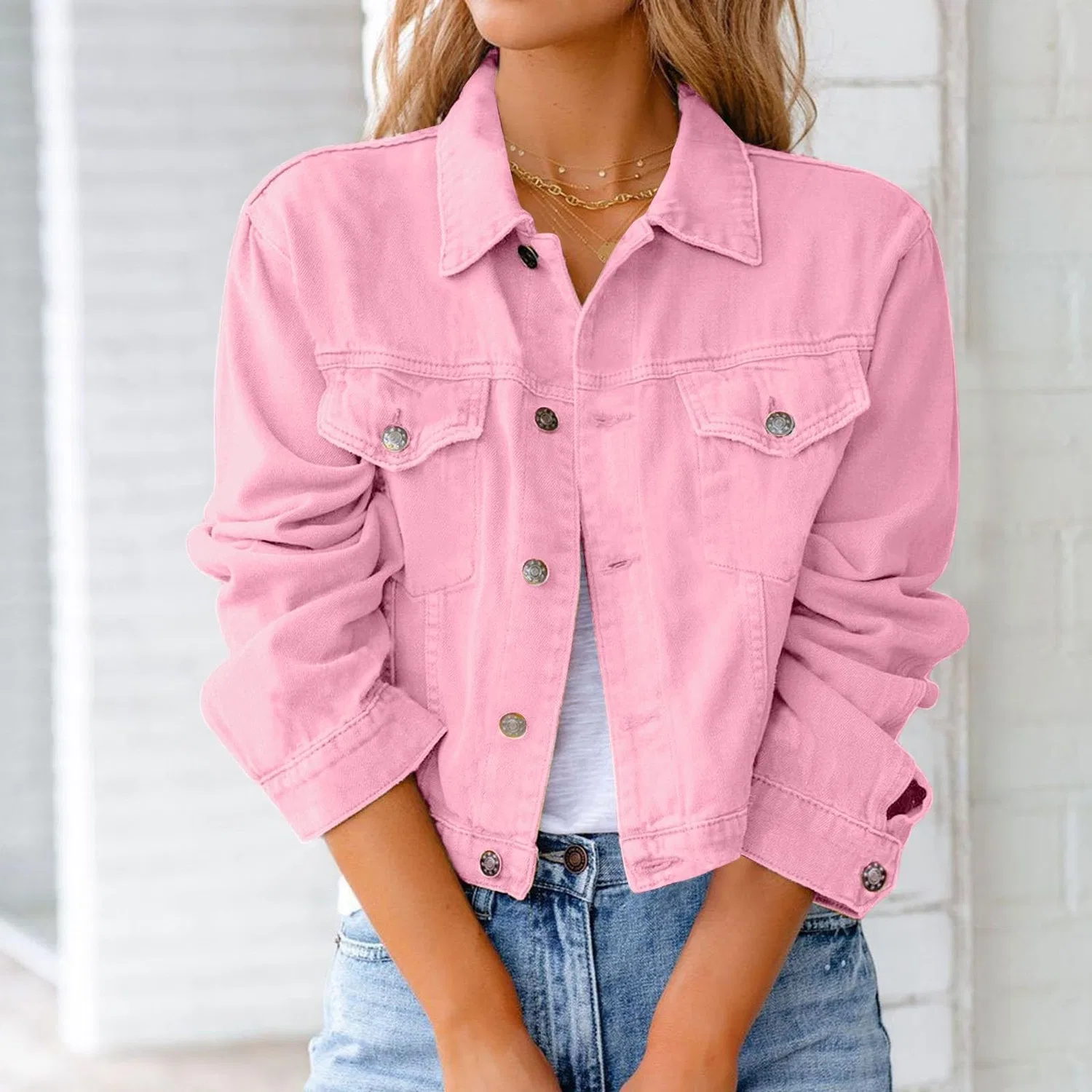 Женское джинсовое пальто с принтом Vintage Lapel Button Down Long Sleeve Short Pocket Distressed Denim Shirt Denim Jacket Coat for Teenage Girls Loose Coat, Pink — фото 3