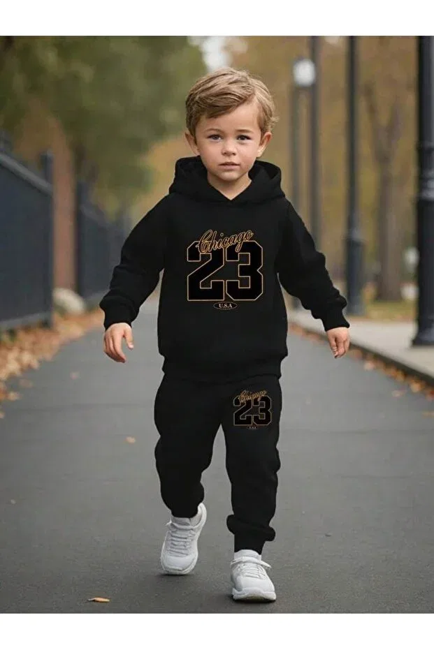 Детский спортивный костюм для девочек с принтом Printed Hooded Combination Svart Wear, Black
